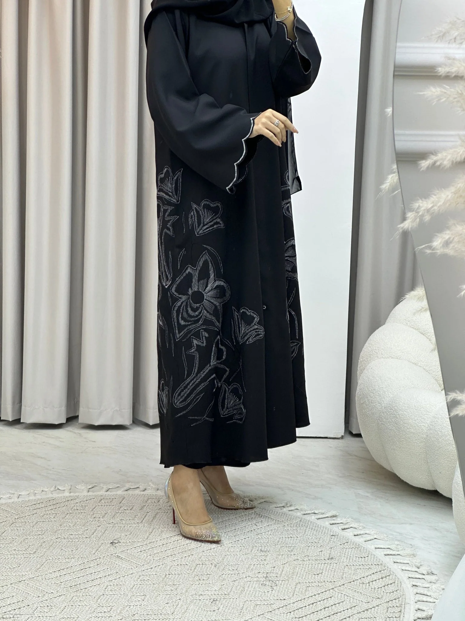 Black Floral White Embroidery Abaya - Image 4