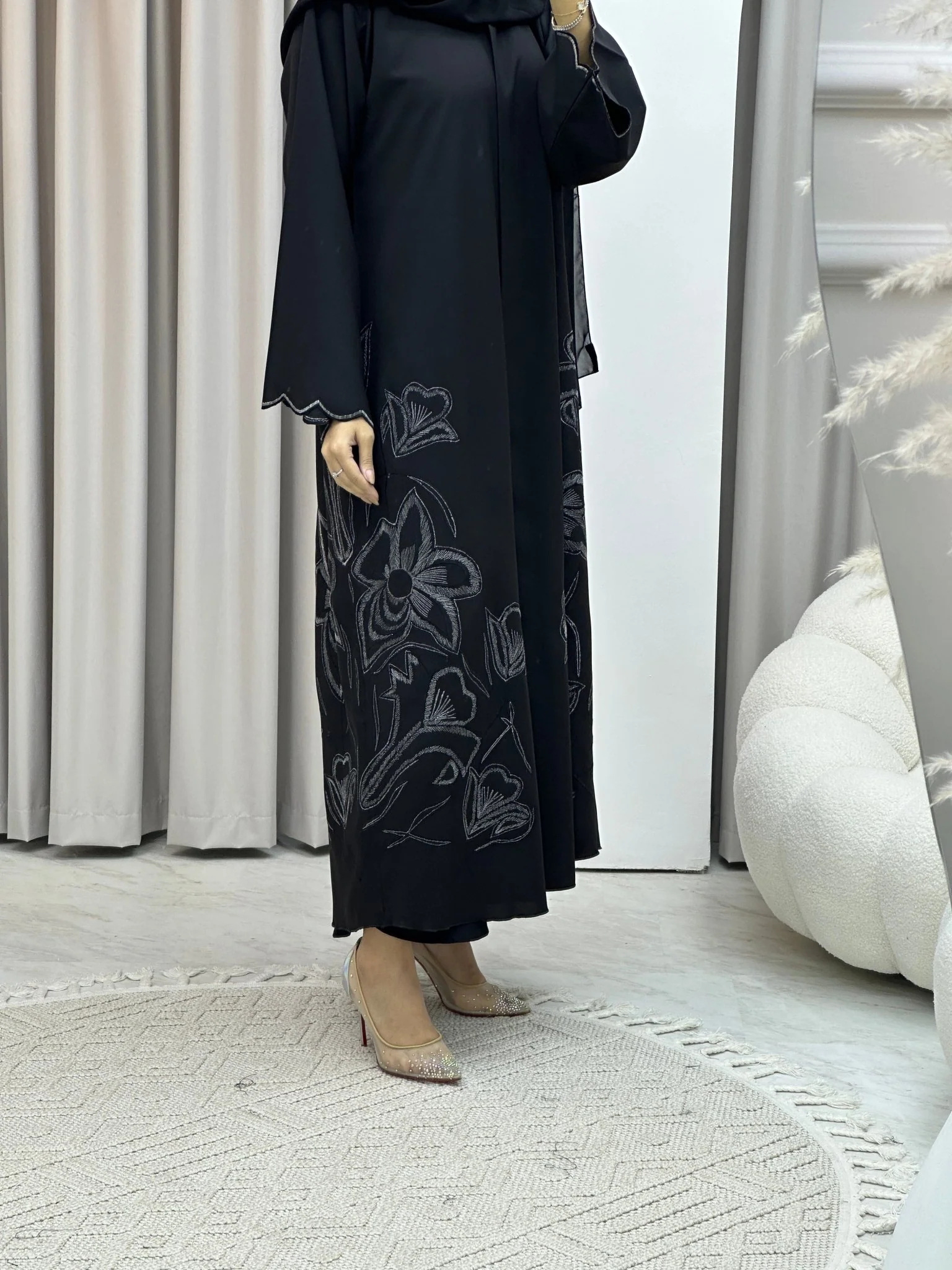 Black Floral White Embroidery Abaya - Image 8