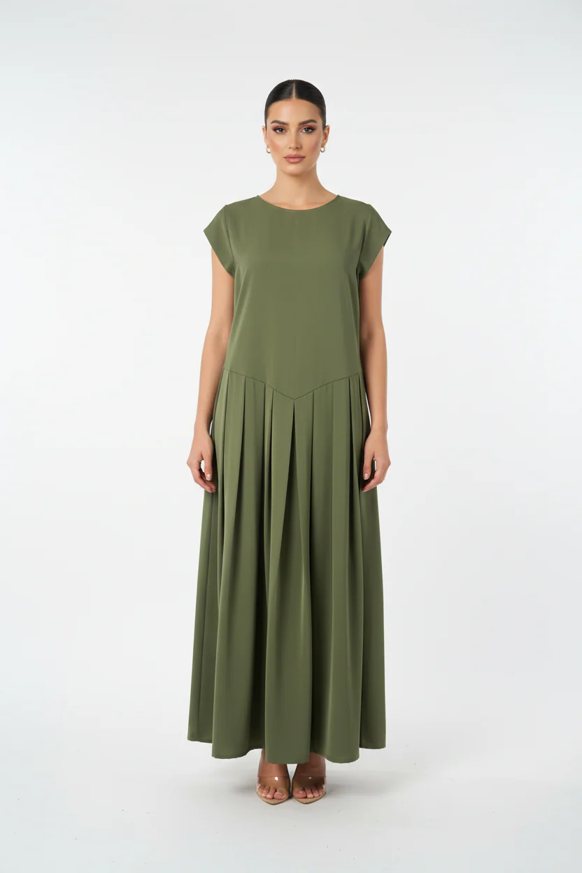 C 0011-01 Premium Olive Pleated Under Abaya Dress - Image 2