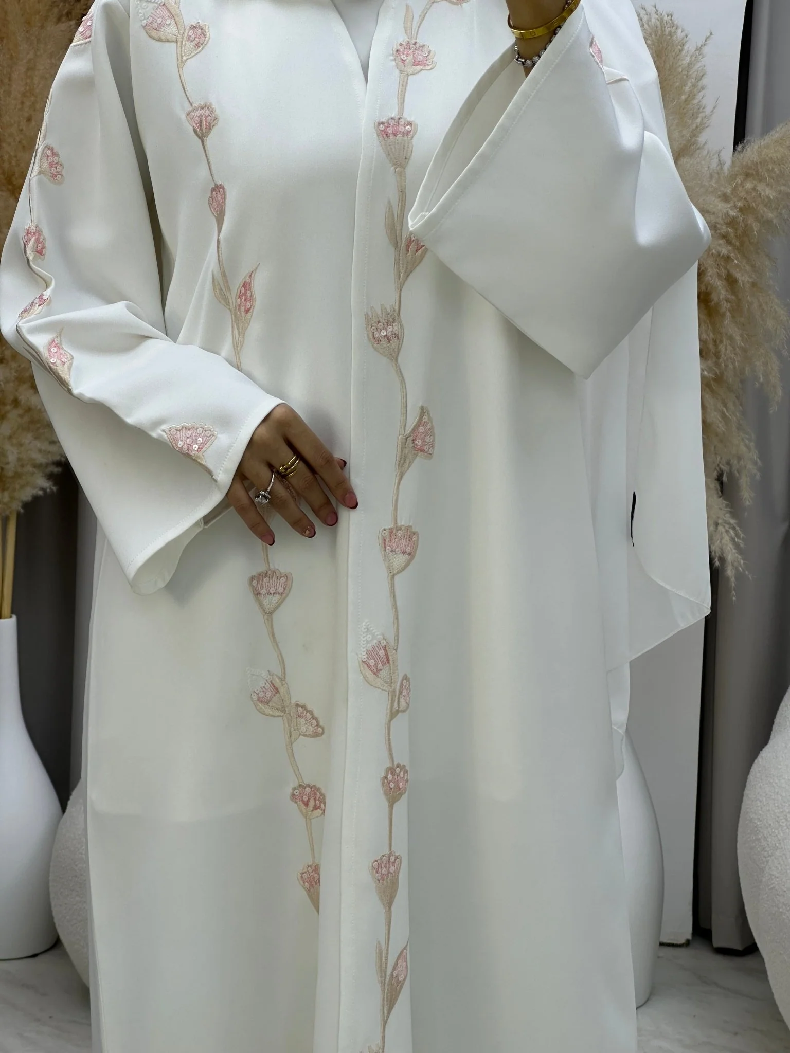 C 0017 White Pink Floral Eid Abaya - Image 10