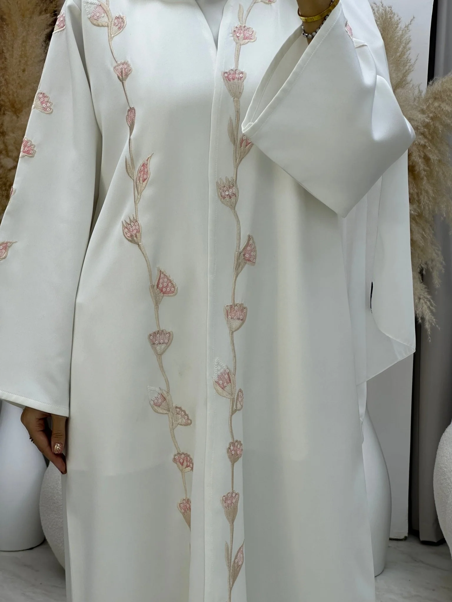 C 0017 White Pink Floral Eid Abaya - Image 2