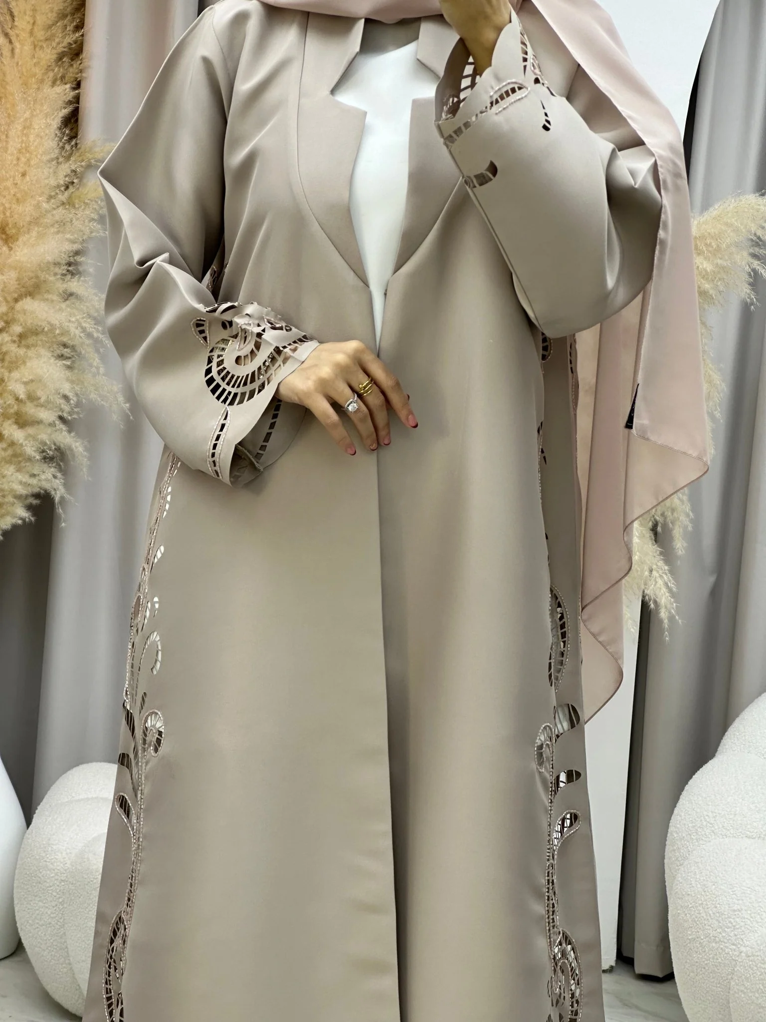 C 0019 Beige Lasercut Eid Abaya - Image 3