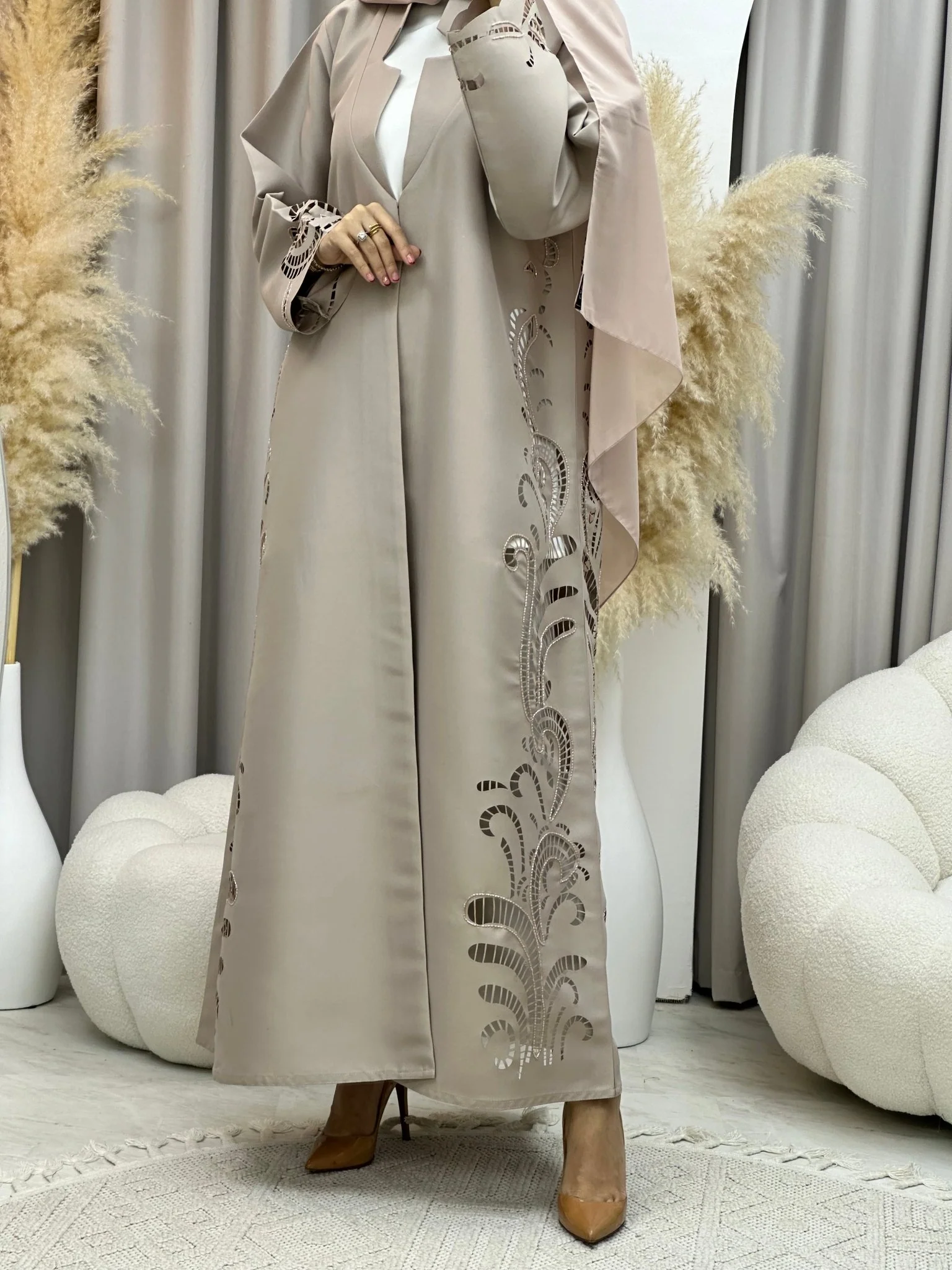 C 0019 Beige Lasercut Eid Abaya - Image 5
