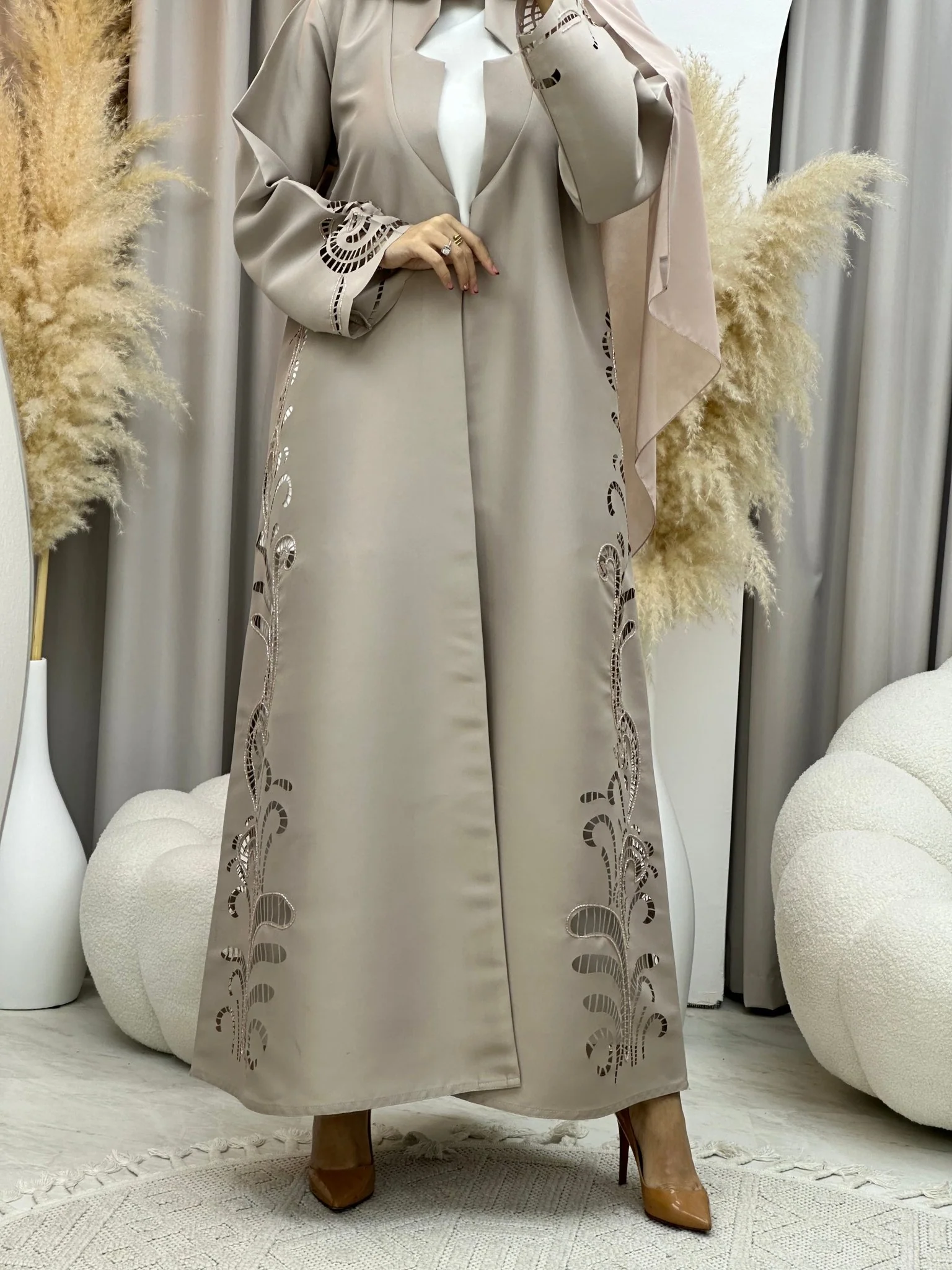 C 0019 Beige Lasercut Eid Abaya - Image 9