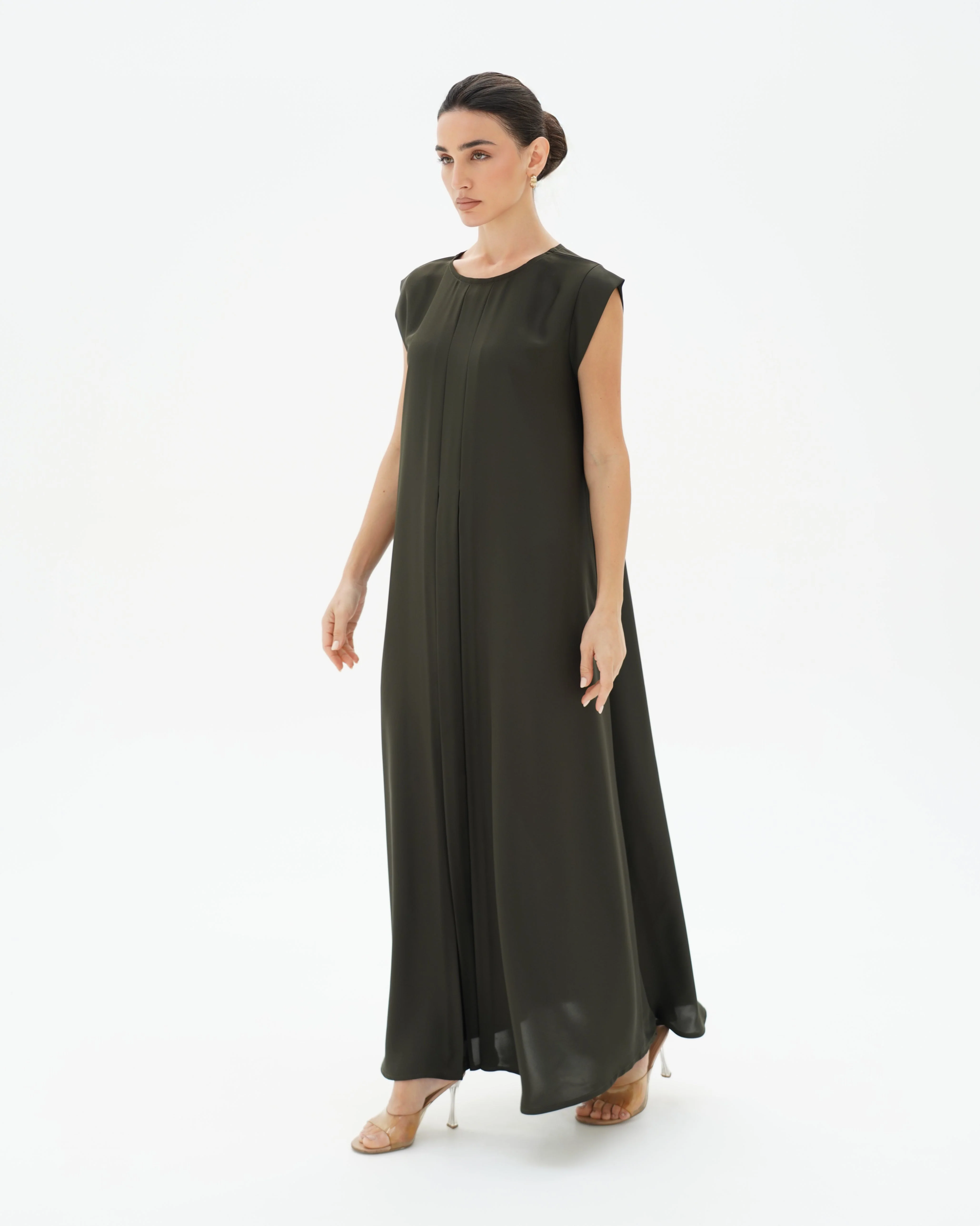 C 006-05 Premium Dark Olive Pleated Under Abaya Dress - Image 2