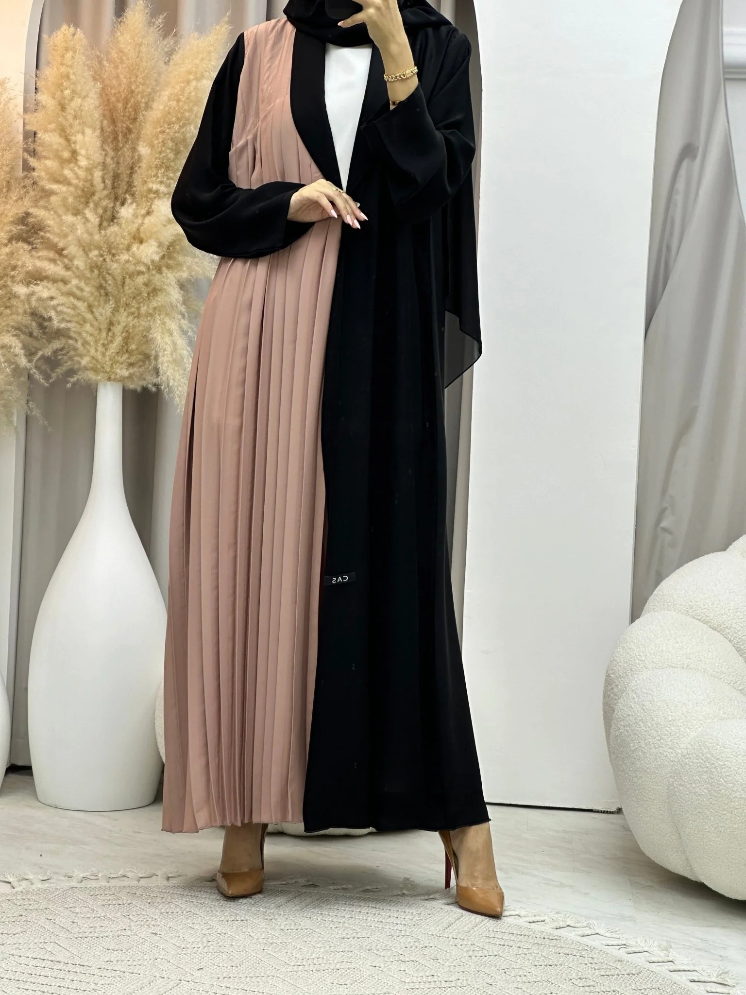 C 0072 Beige Black Pleated Abaya - Image 6