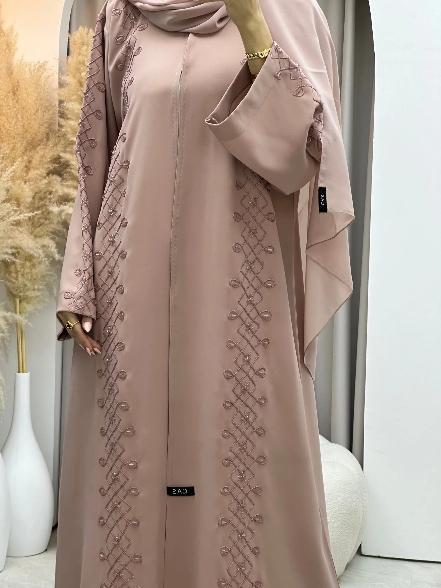 C 0074 Pink Embroidery Abaya - Image 2