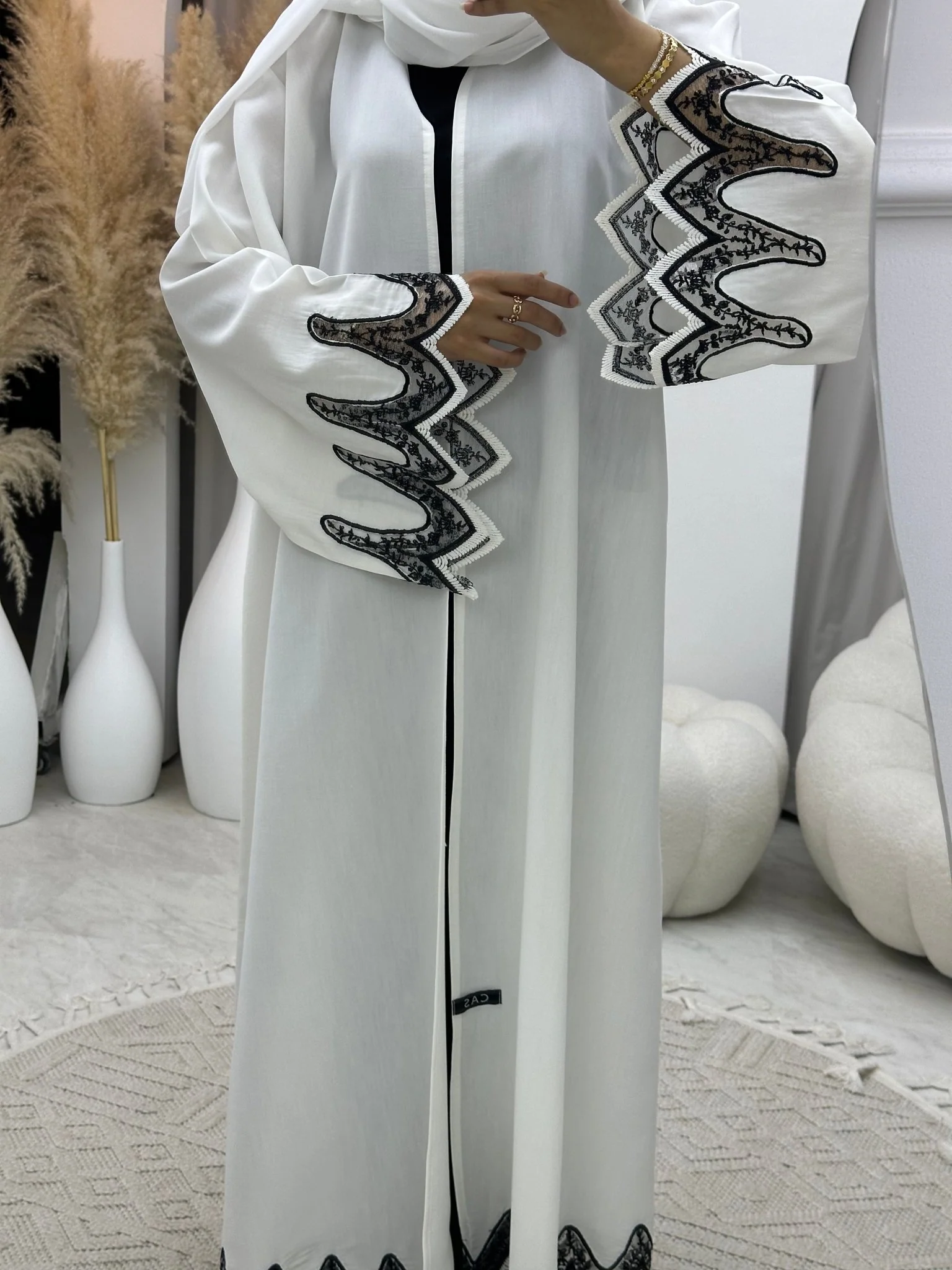 C 0091 Black White Lace Abaya - Image 2