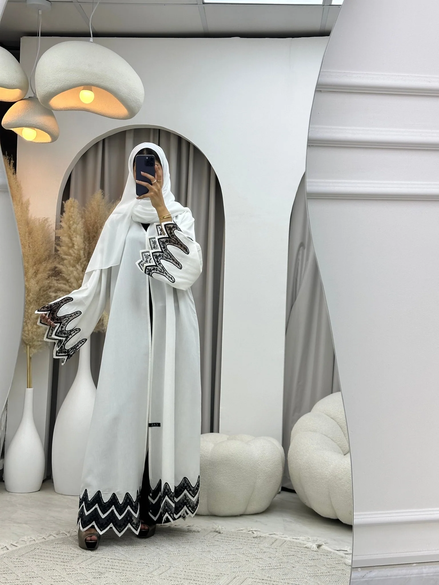 C 0091 Black White Lace Abaya - Image 3