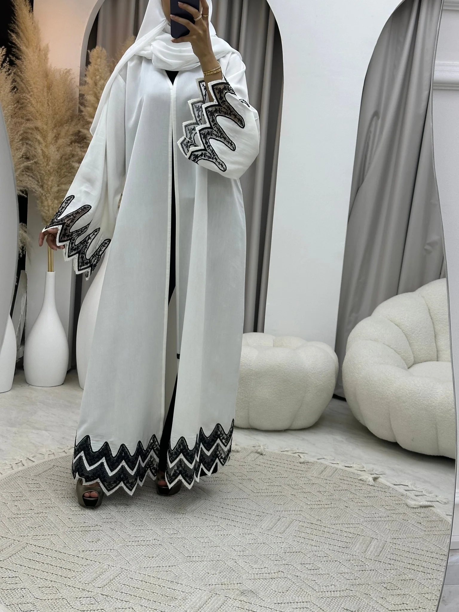 C 0091 Black White Lace Abaya - Image 6