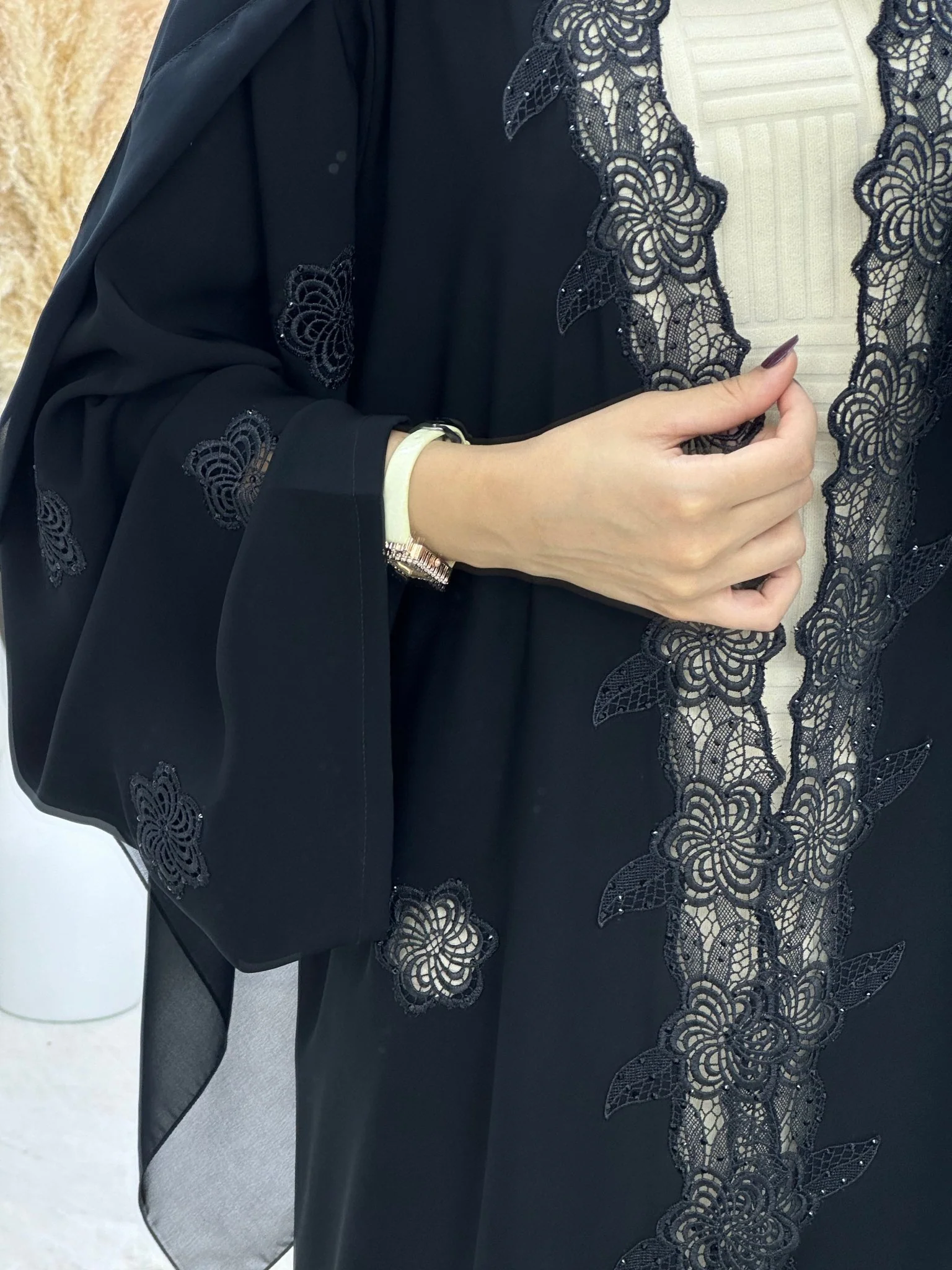 C 0111 Black Floral Lace Abaya - Image 2