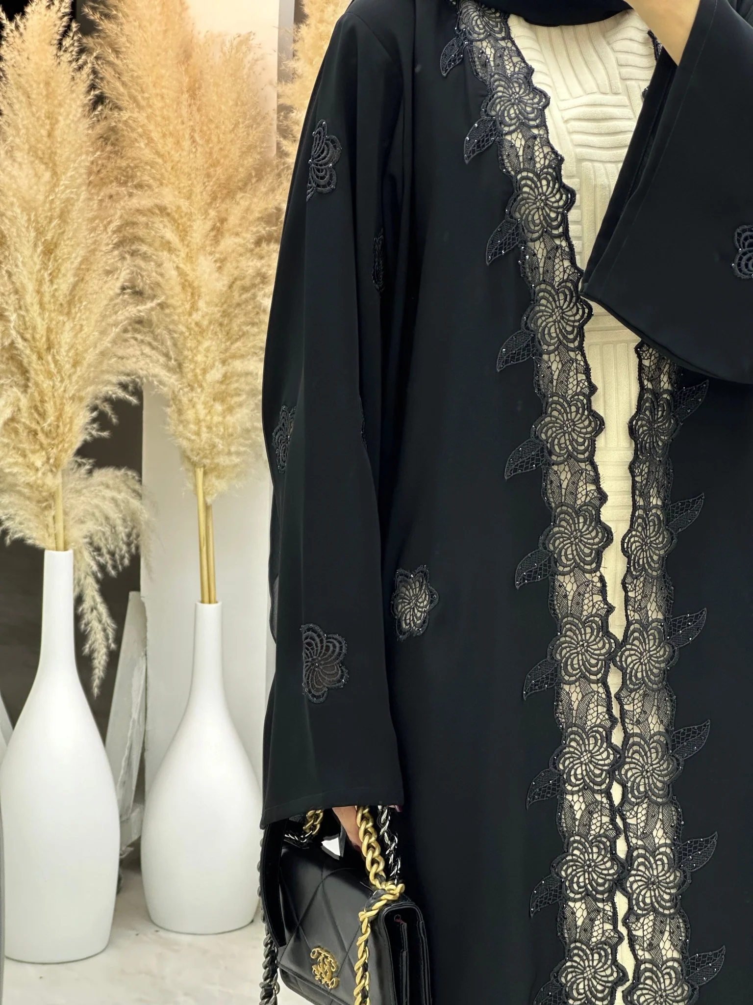 C 0111 Black Floral Lace Abaya - Image 3