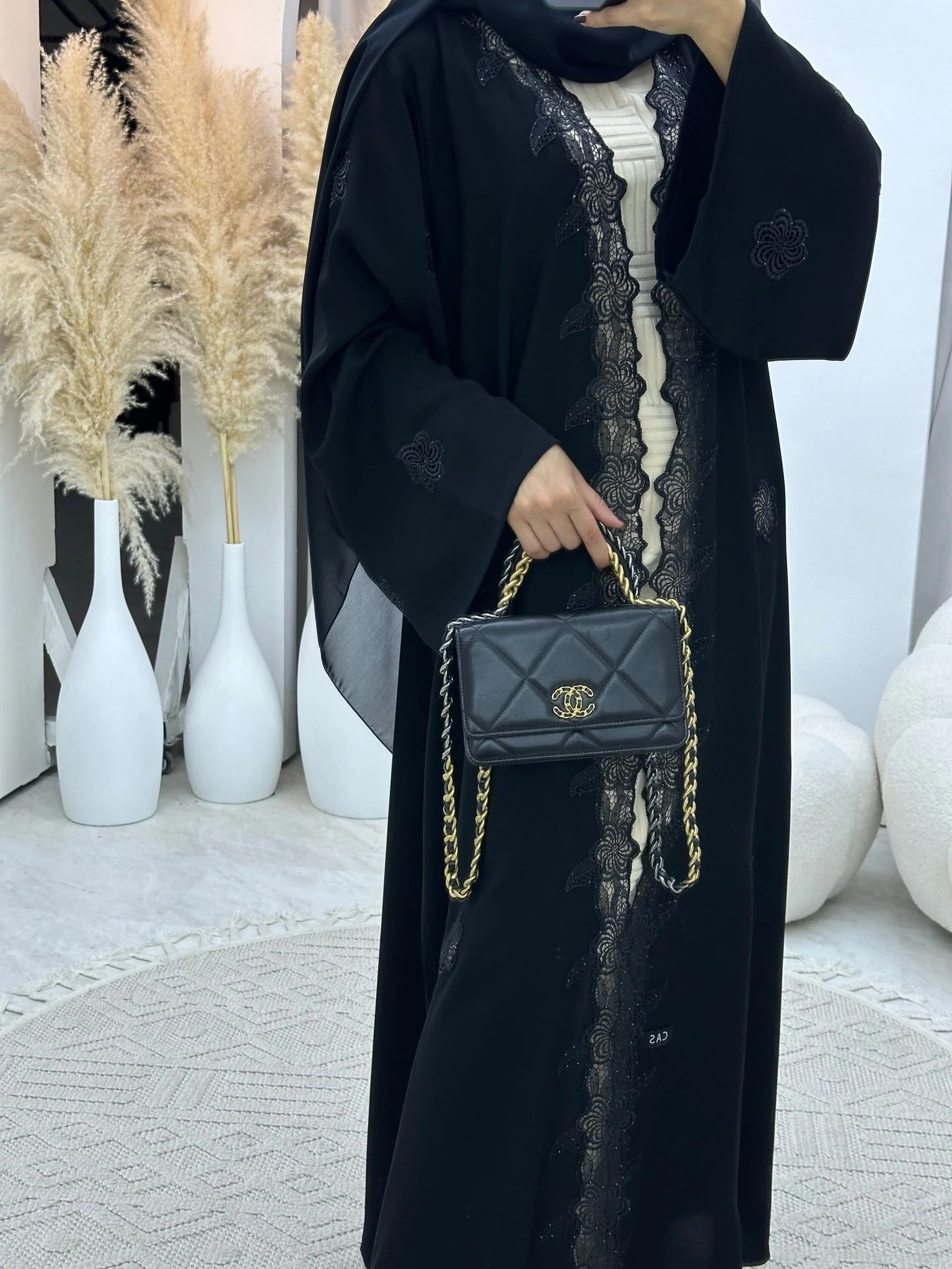 C 0111 Black Floral Lace Abaya - Image 4