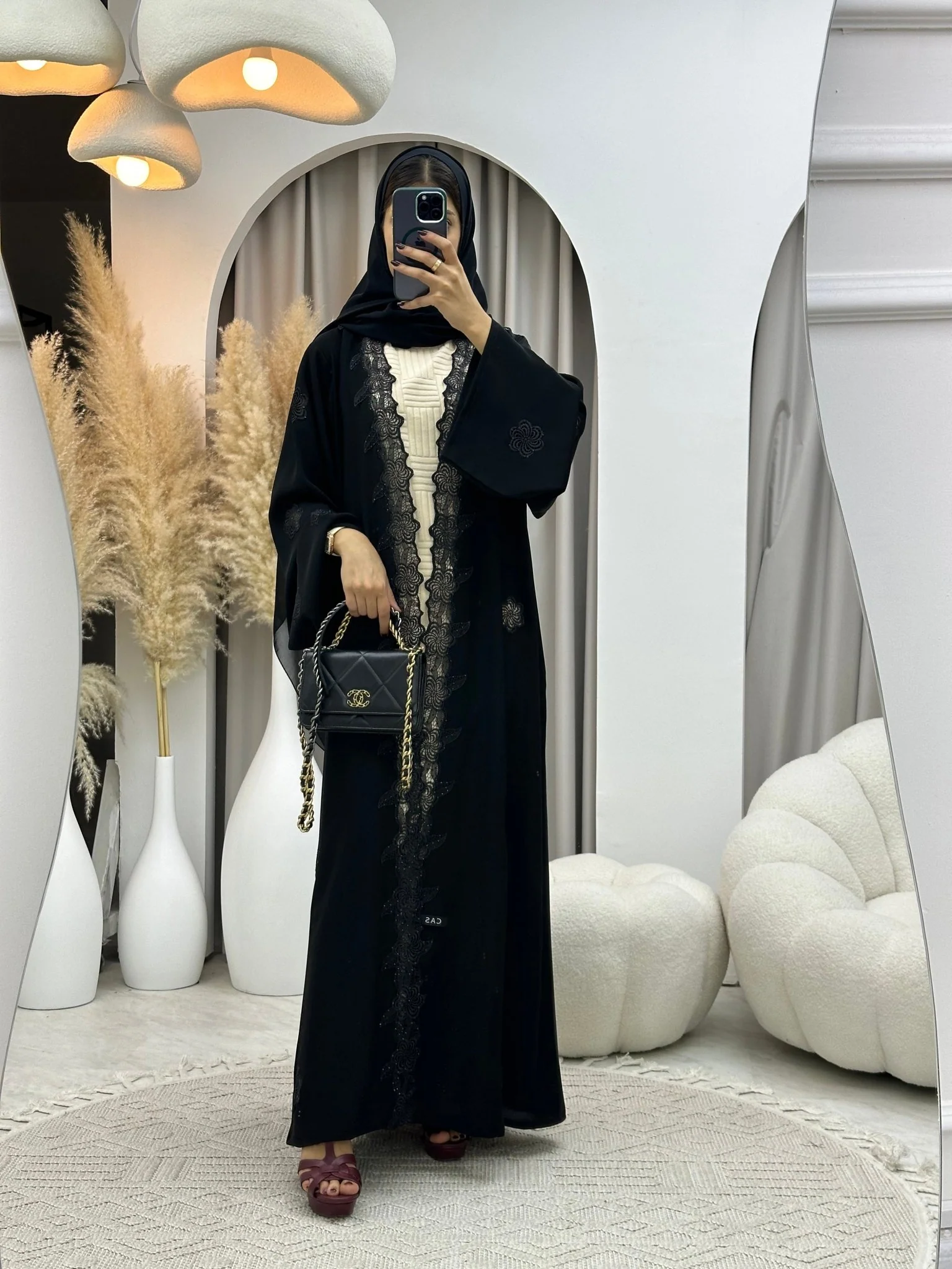 C 0111 Black Floral Lace Abaya - Image 5