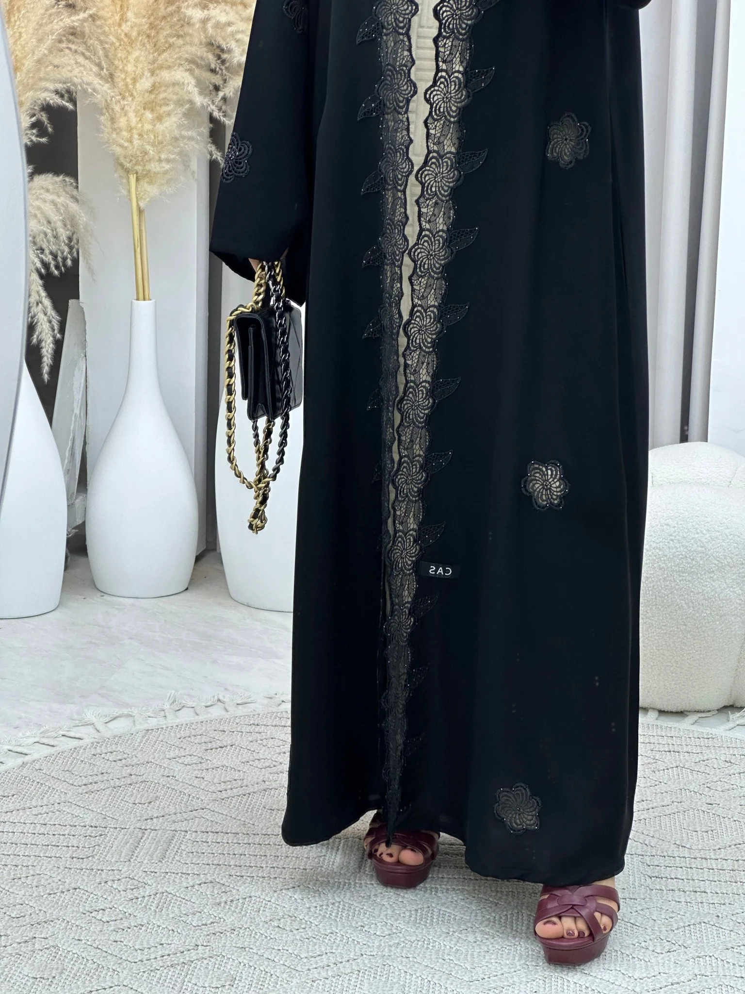 C 0111 Black Floral Lace Abaya - Image 7