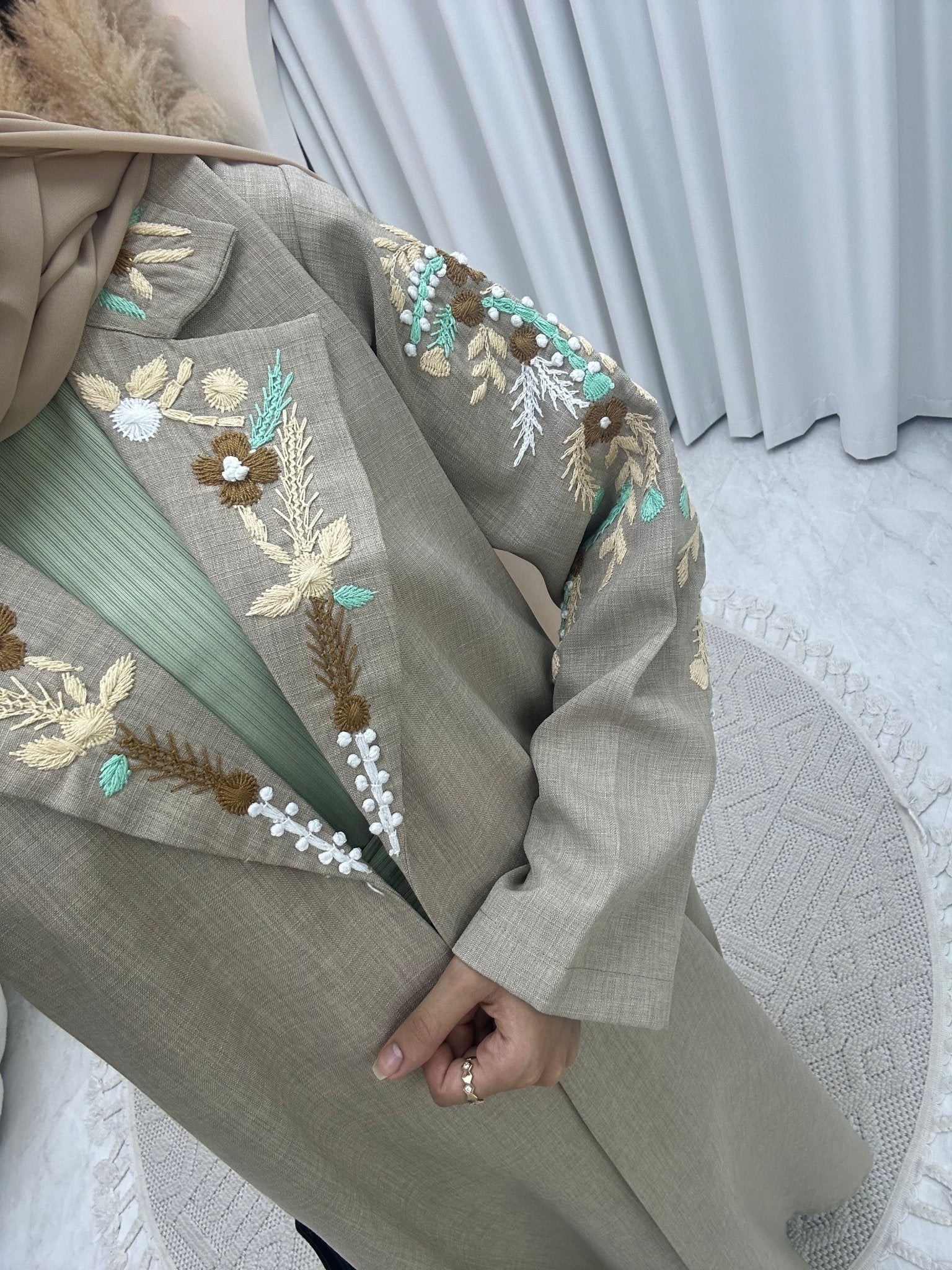 C 0115 Beige Embroidery Coat Abaya - Image 3