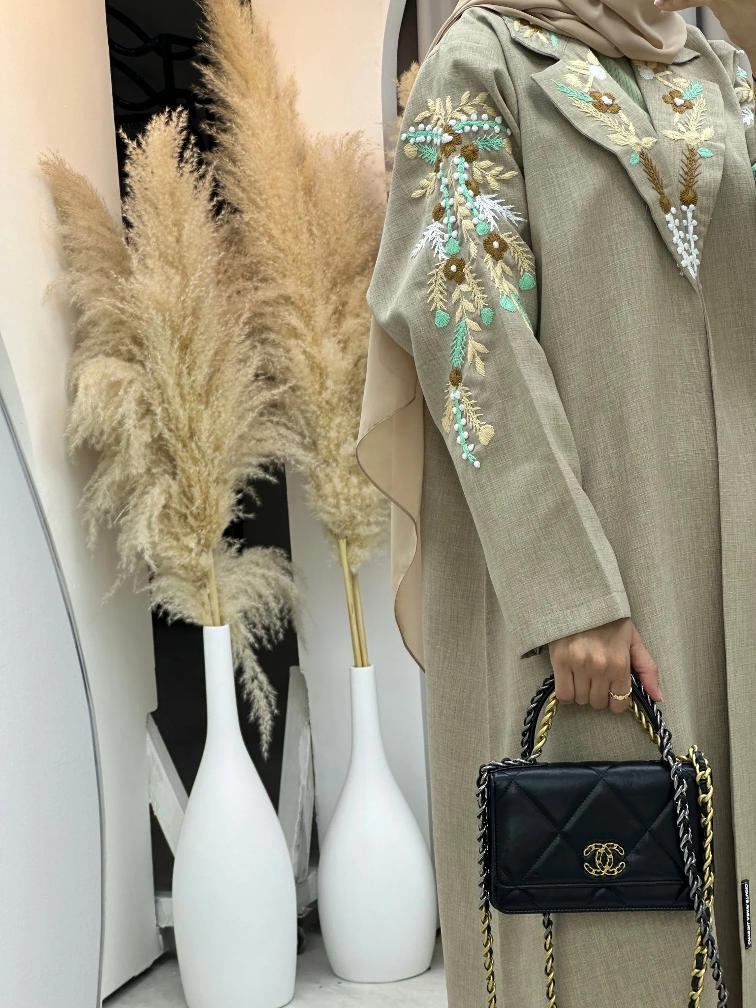 C 0115 Beige Embroidery Coat Abaya - Image 4