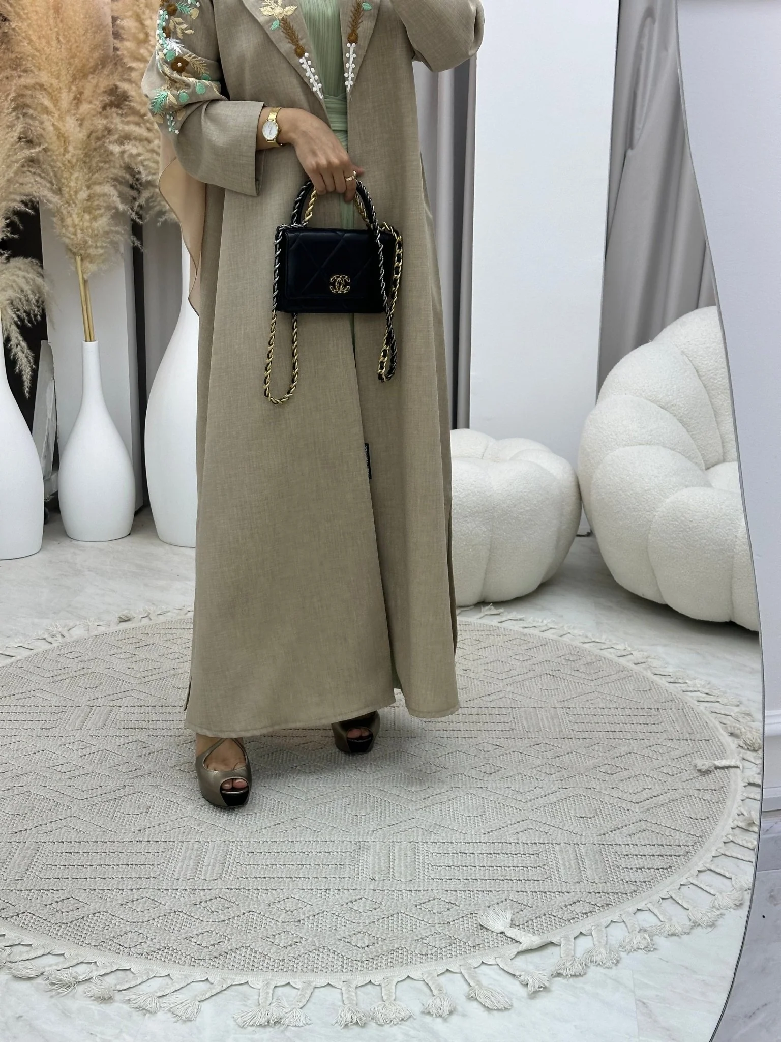 C 0115 Beige Embroidery Coat Abaya - Image 5