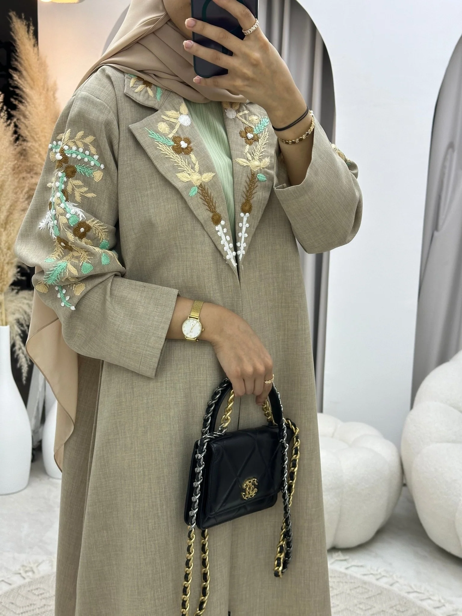 C 0115 Beige Embroidery Coat Abaya - Image 7