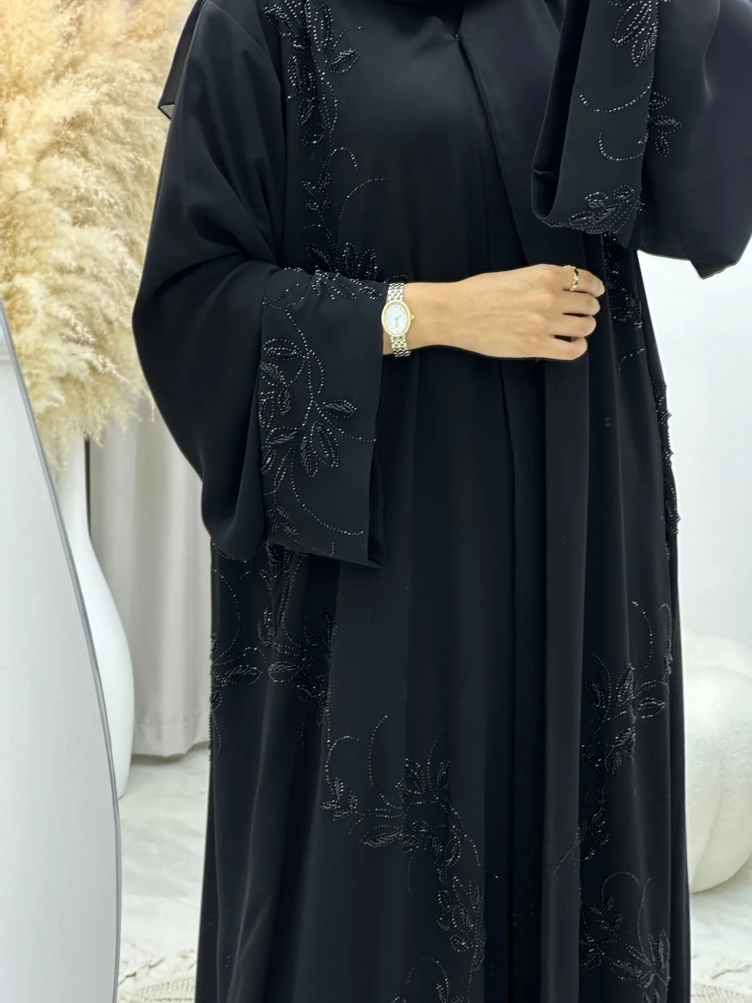 C 0119 Black Floral Abaya - Image 4