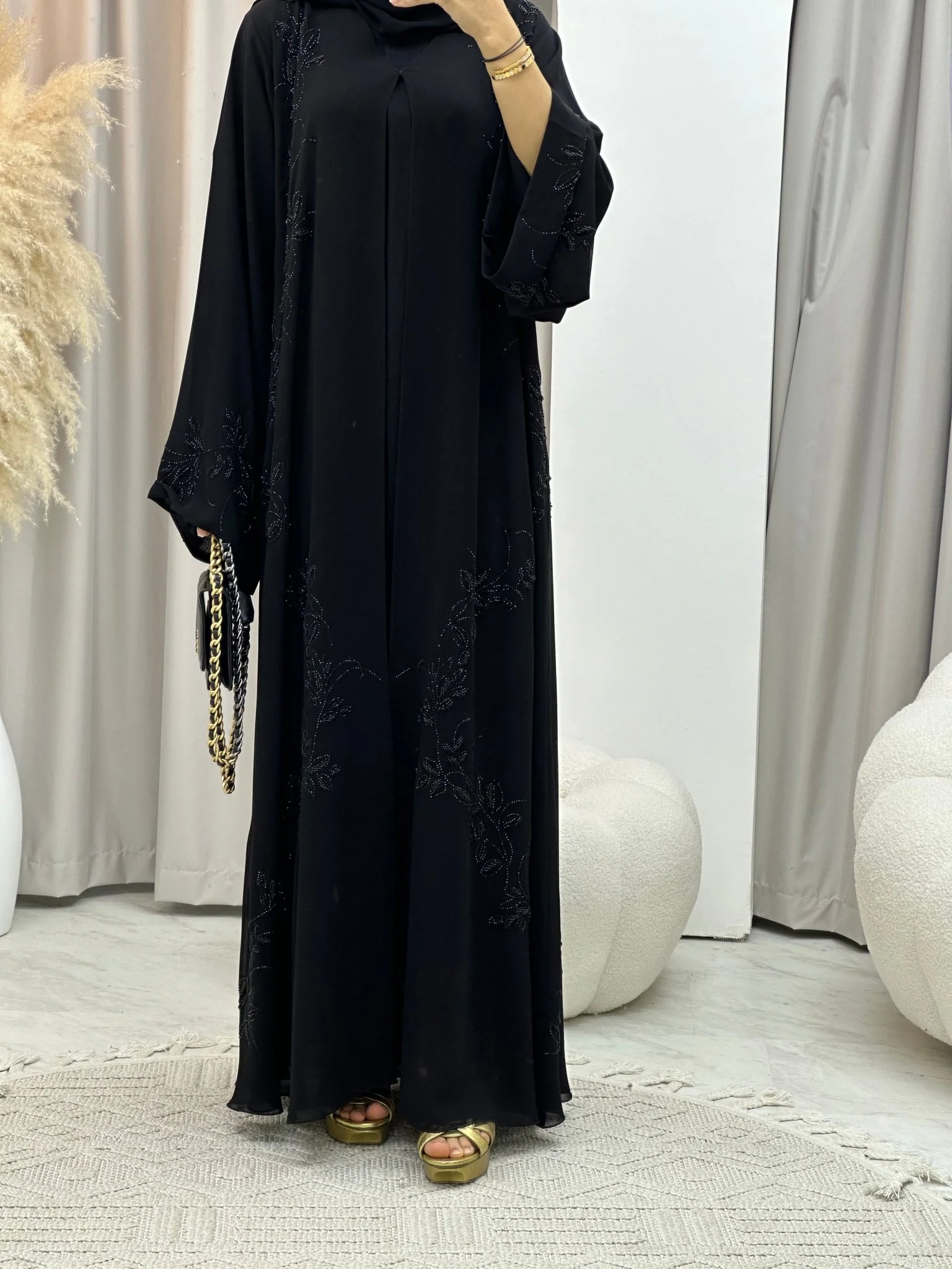 C 0119 Black Floral Abaya - Image 6