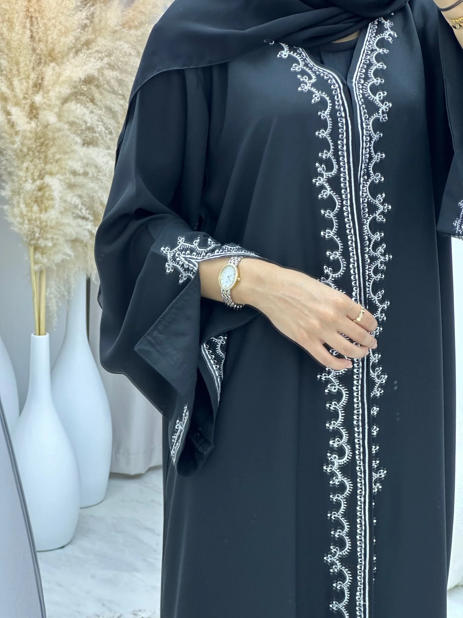 C 0120 Black White Embroidery Abaya - Image 2