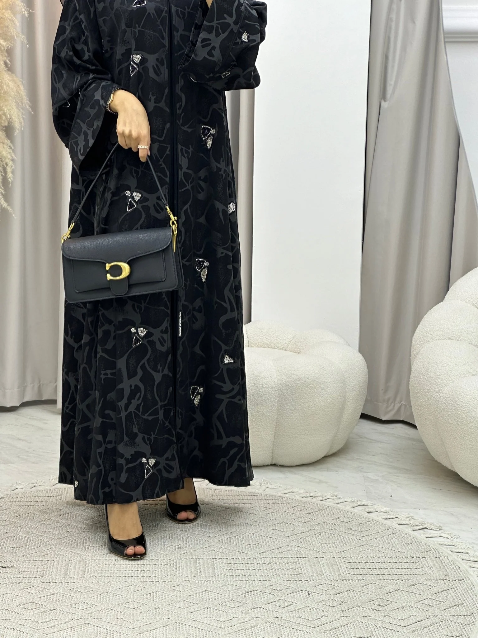 C 0131 Black Grey Beadwork Abaya - Image 3