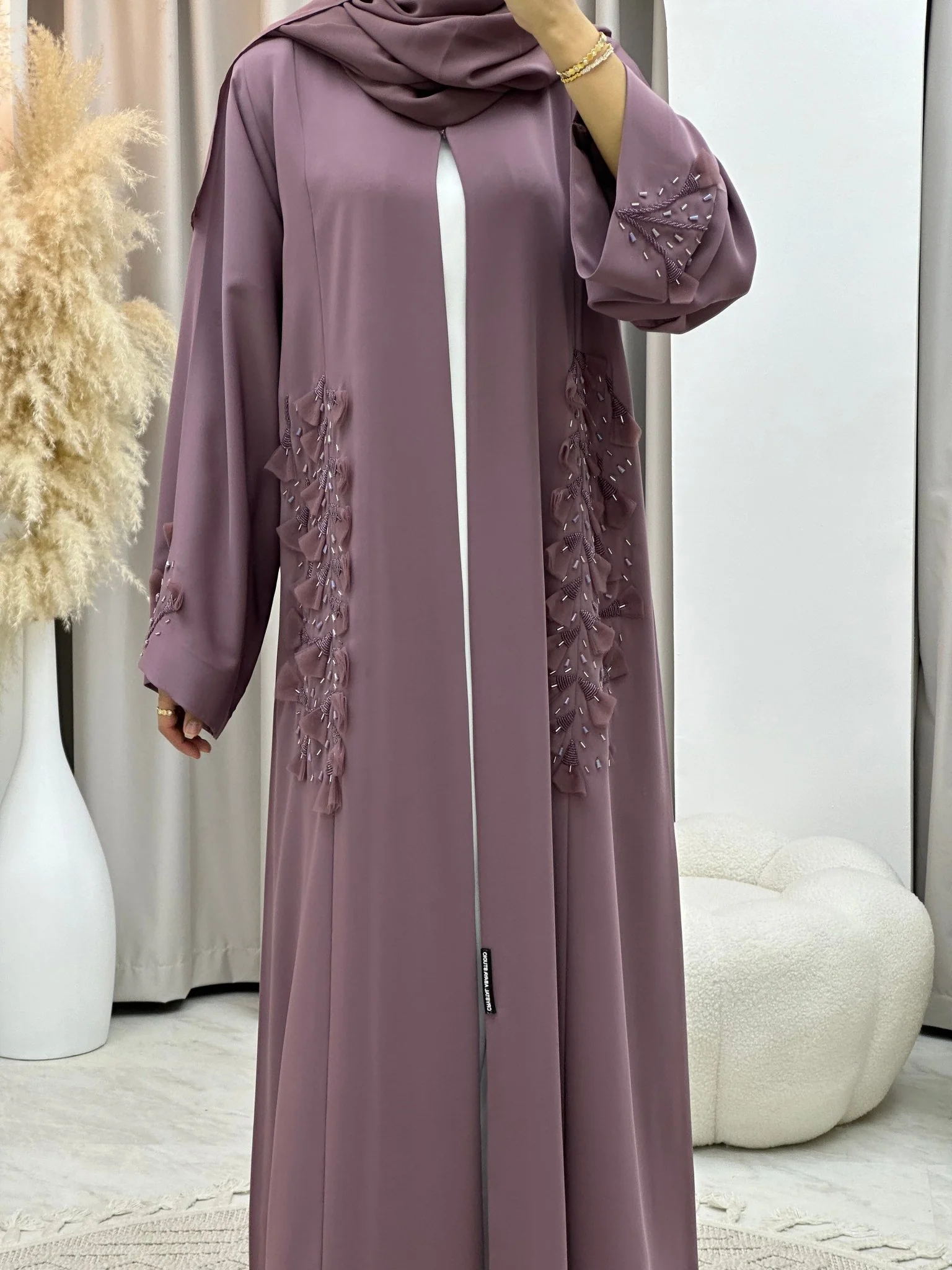 C 0137  Purple Floral Beaded Abaya - Image 5