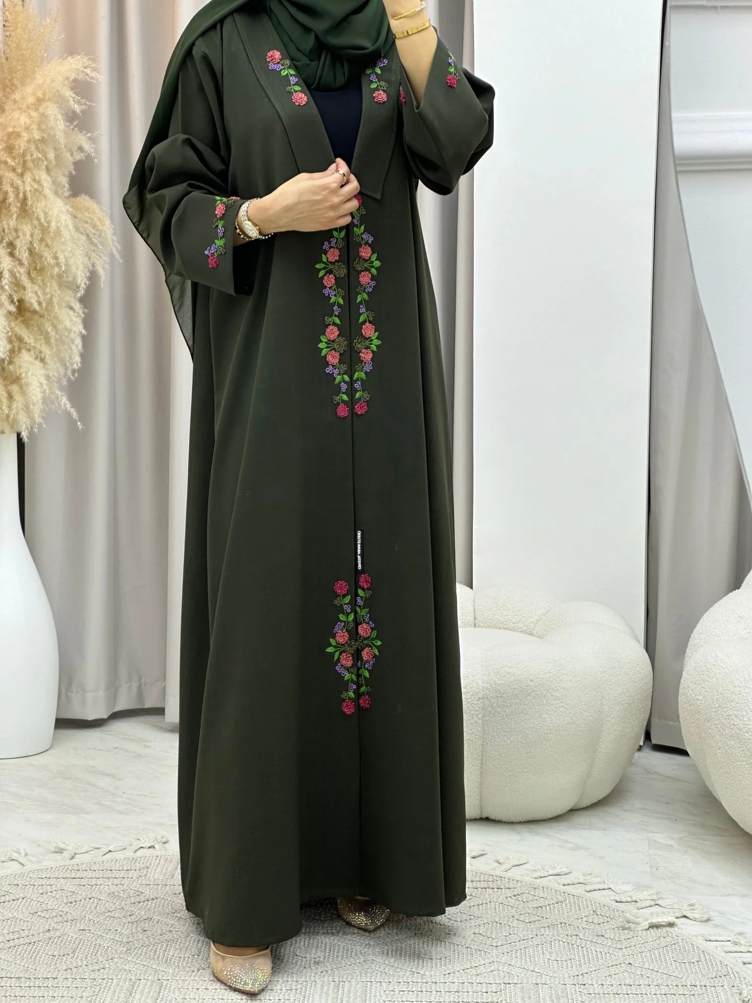 C 0141 Olive Embroidery Abaya - Image 10