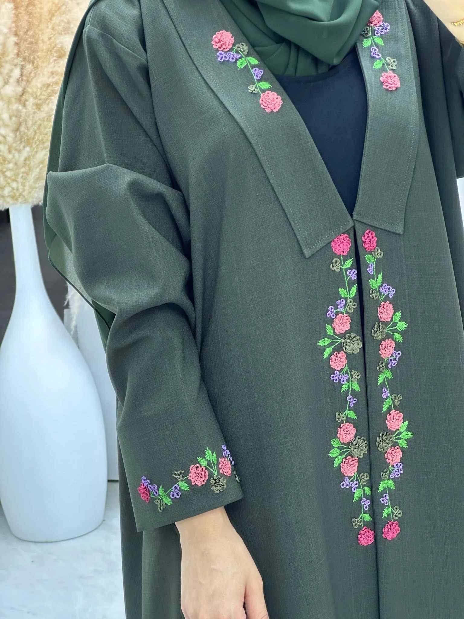 C 0141 Olive Embroidery Abaya - Image 2