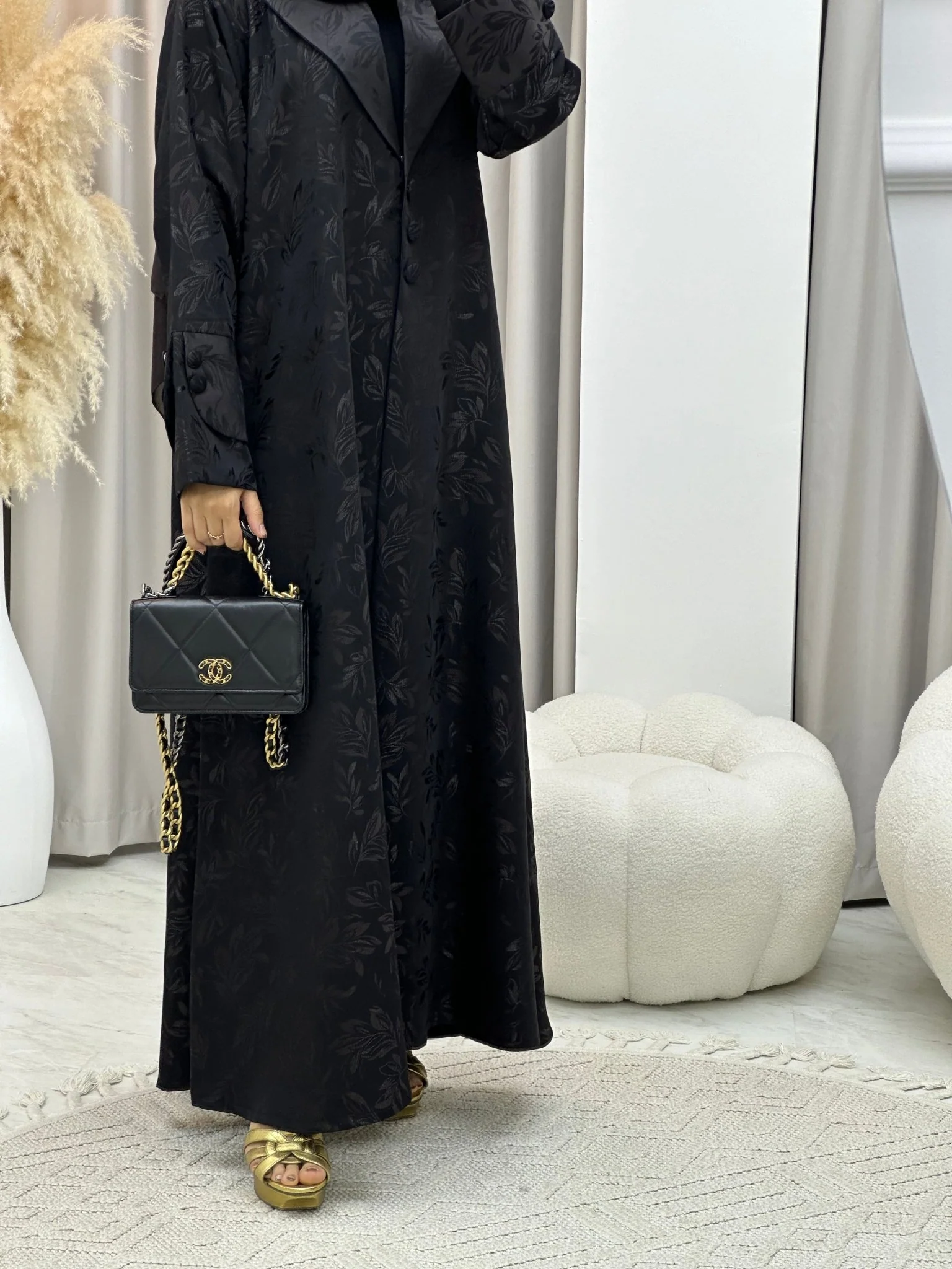C 0160-02 Dark Brown Leaf Coat Abaya - Image 4