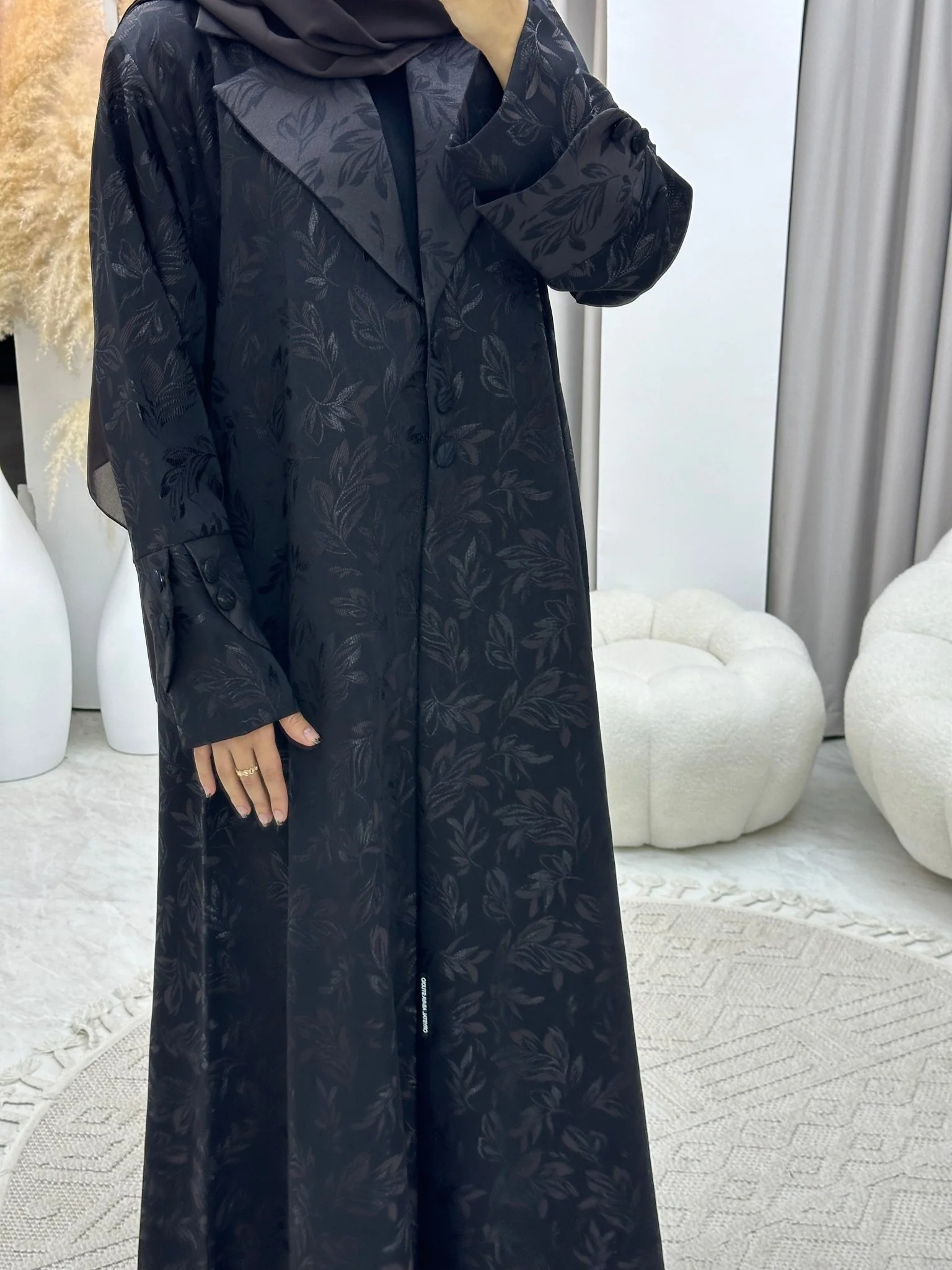 C 0160-02 Dark Brown Leaf Coat Abaya - Image 7