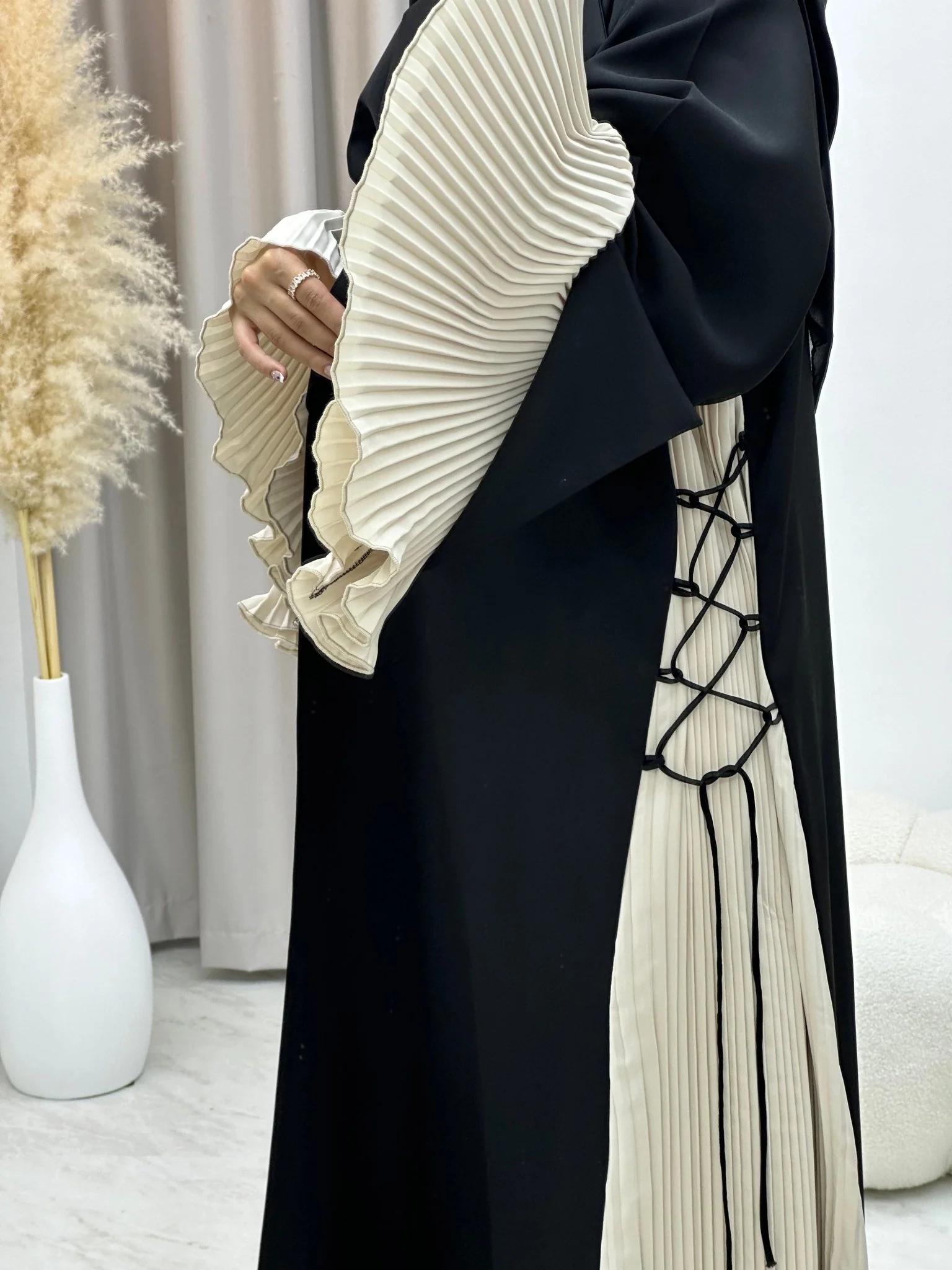 C 0184 Beige Black Pleated Abaya - Image 3