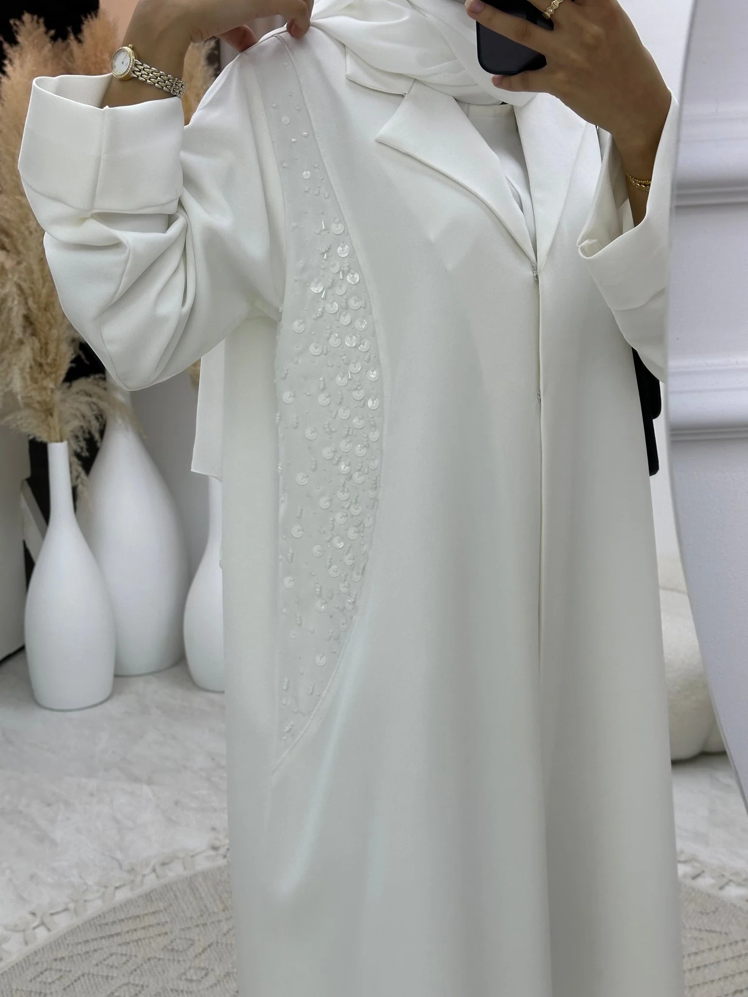 C 0204-01 White Beaded Abaya - Image 2