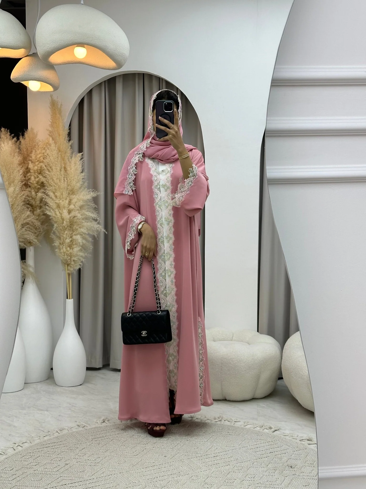 C 0206 Pink Lace Abaya - Image 5