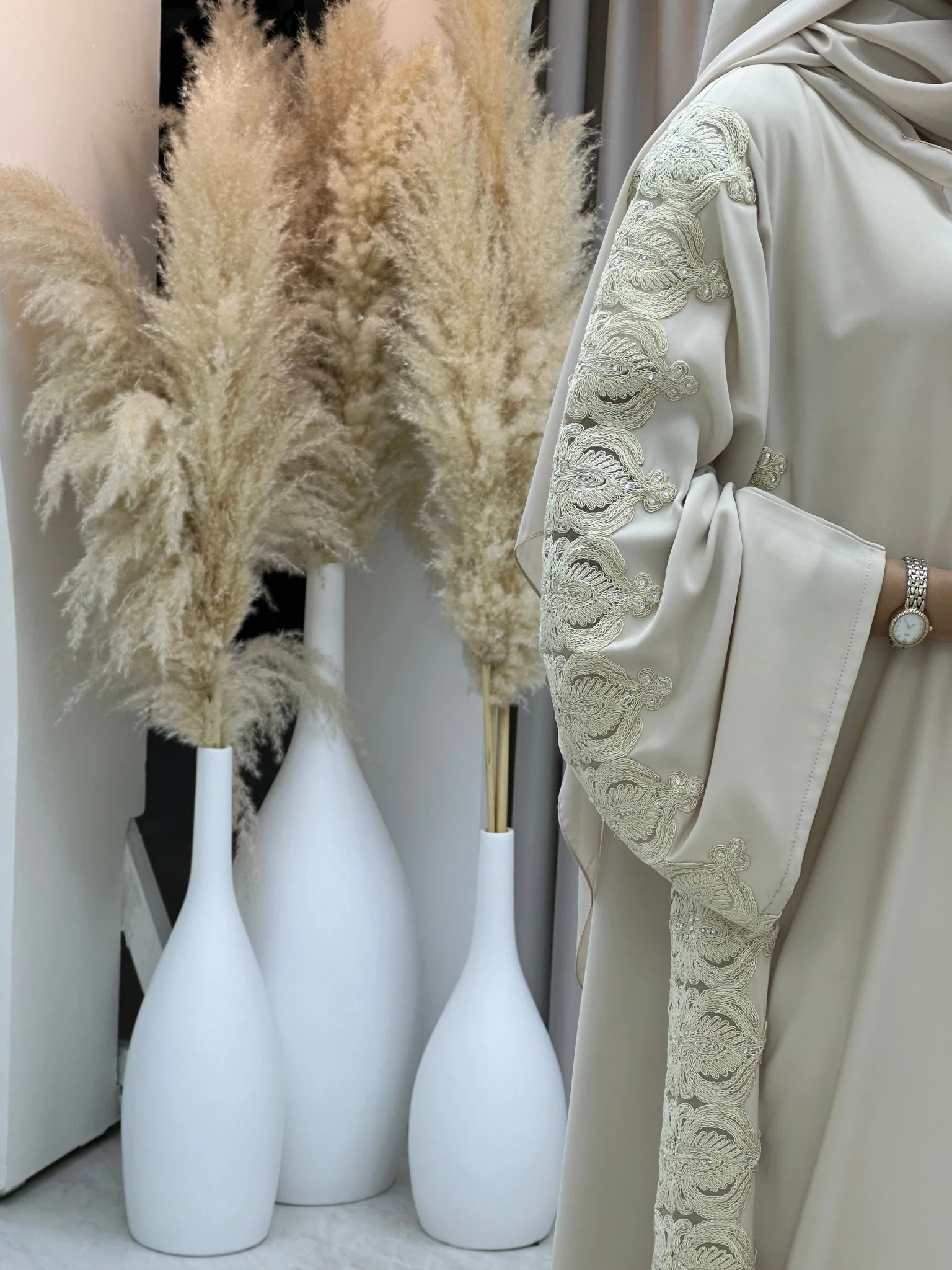 C 0207-02 Beige Lace Abaya - Image 6