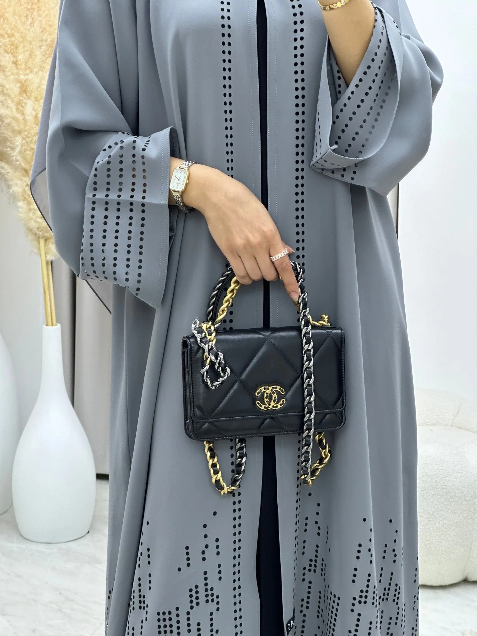 C 0222 Grey Laser Cut Abaya - Image 4