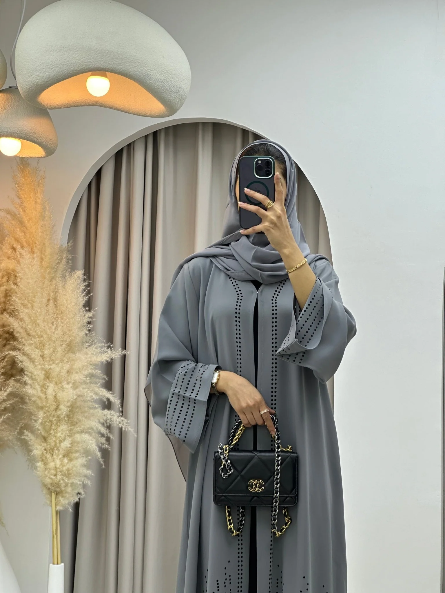 C 0222 Grey Laser Cut Abaya - Image 5