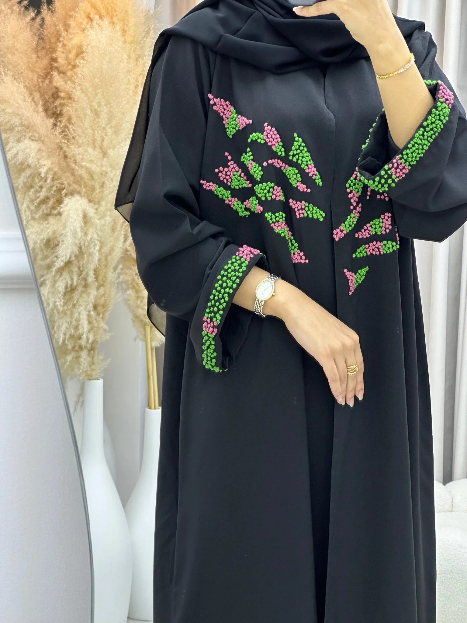 C 0233-02 Green Embroidered Black Abaya - Image 2