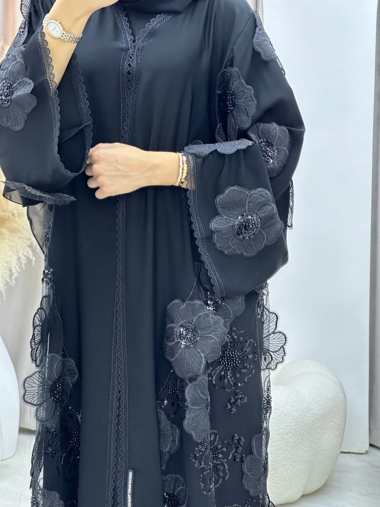 C 0266 Black Dantel Abaya - Image 2
