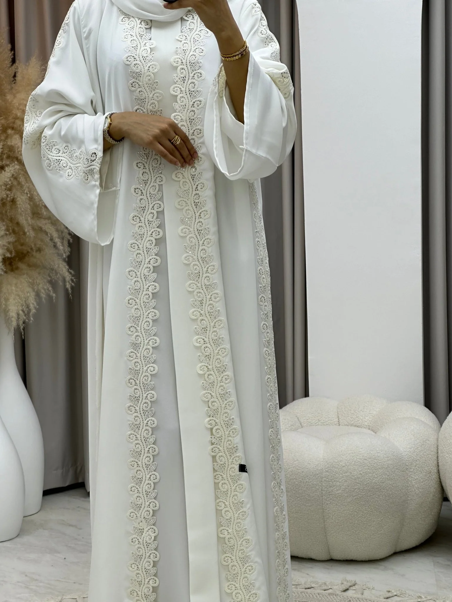 C 0277 White Lace Abaya - Image 3