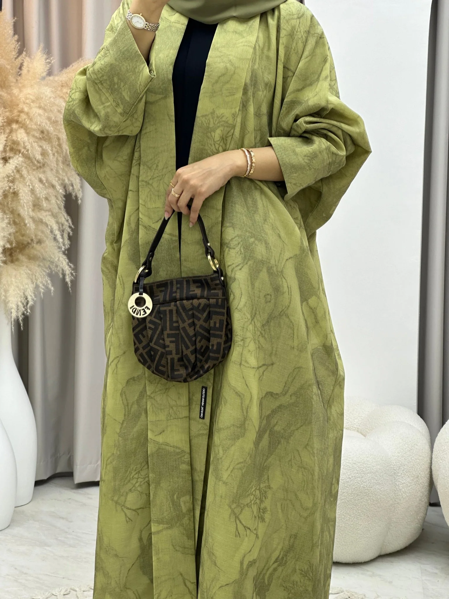 C 0283-03 Marble Print Light Green Abaya - Image 5