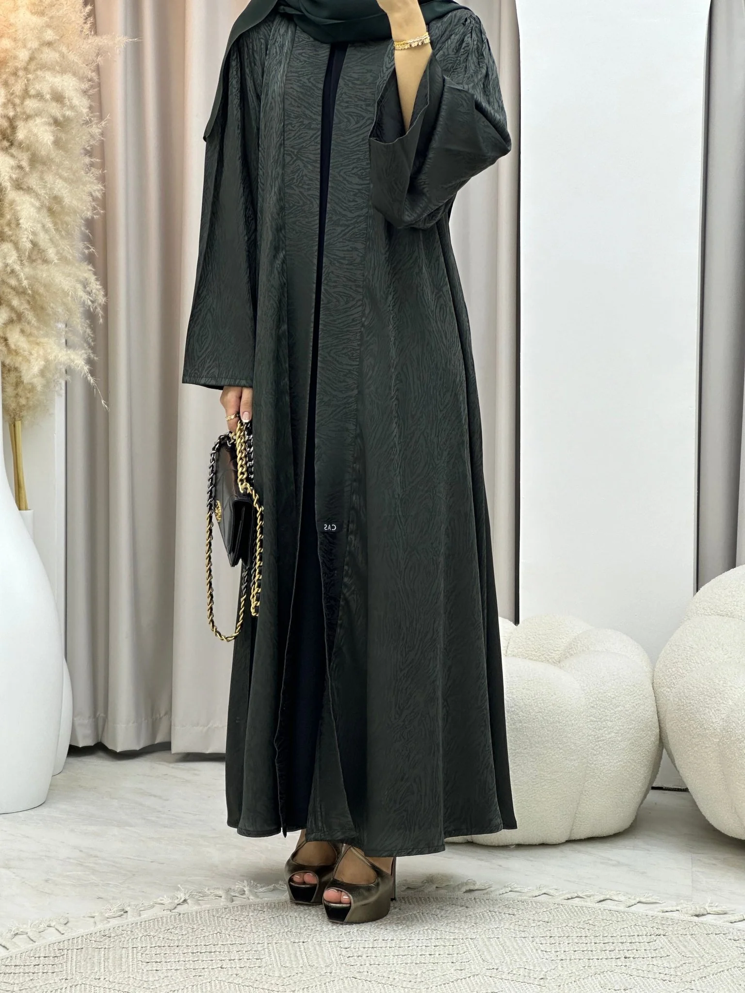 C 0325-04 Green Moire Printed Abaya - Image 2