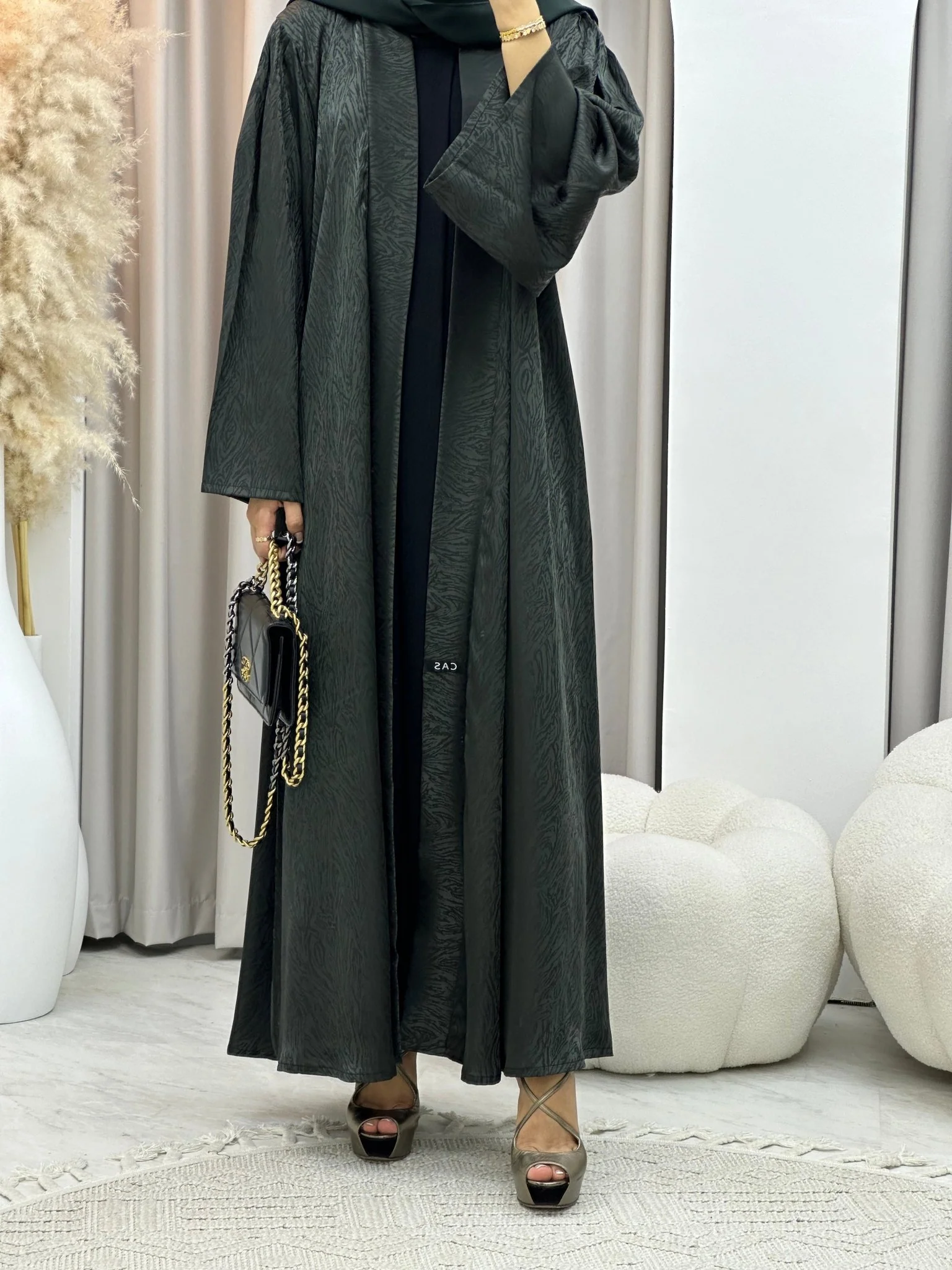 C 0325-04 Green Moire Printed Abaya - Image 3