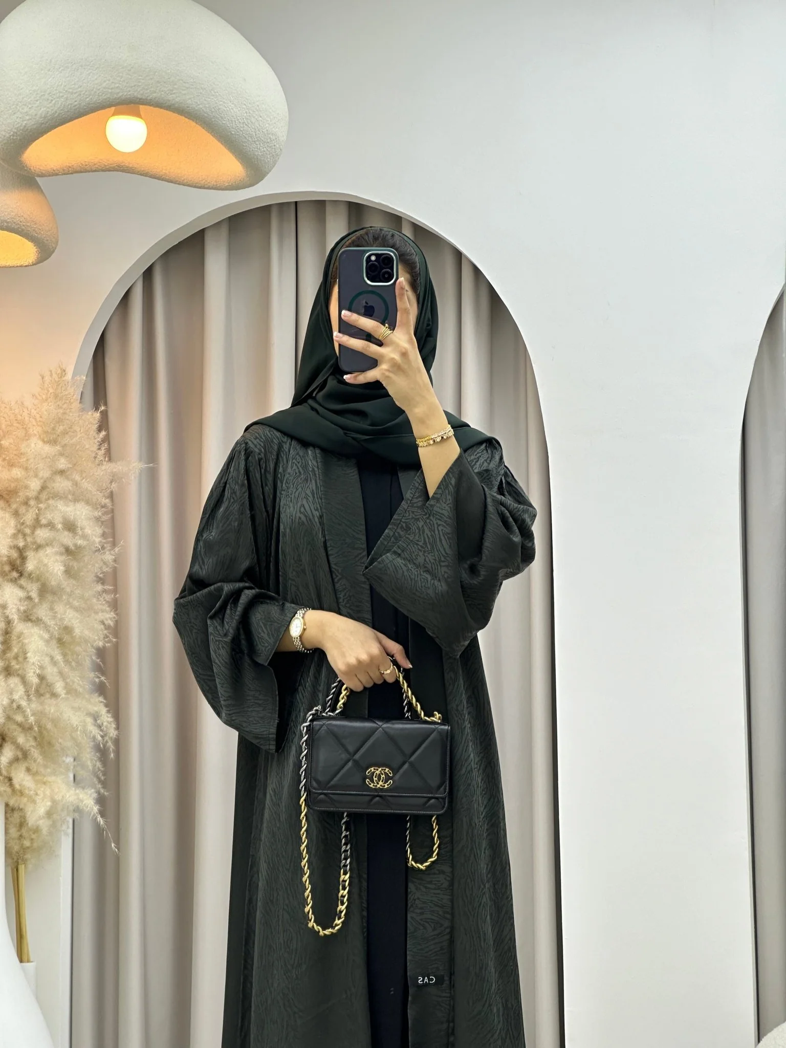 C 0325-04 Green Moire Printed Abaya - Image 4