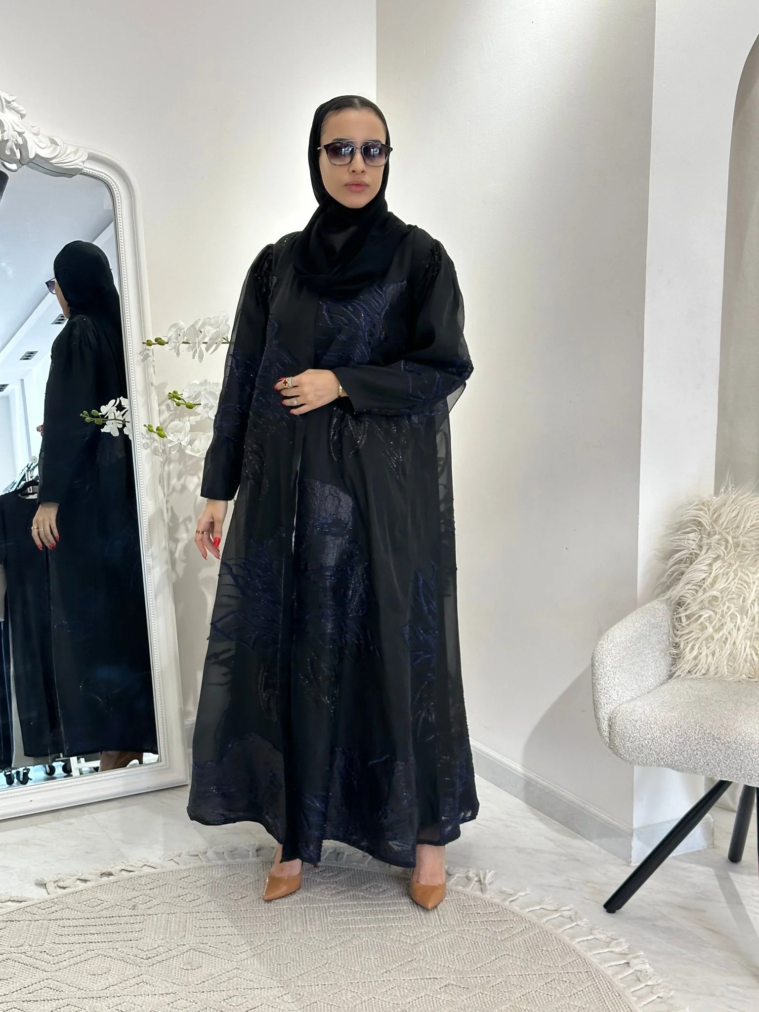 C 0345-02 Blue Organza Abaya - Image 3