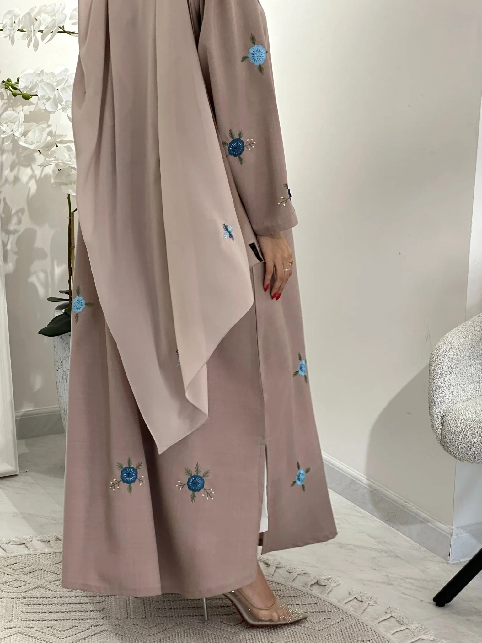 C 0359 Beige Embroidered Abaya - Image 7