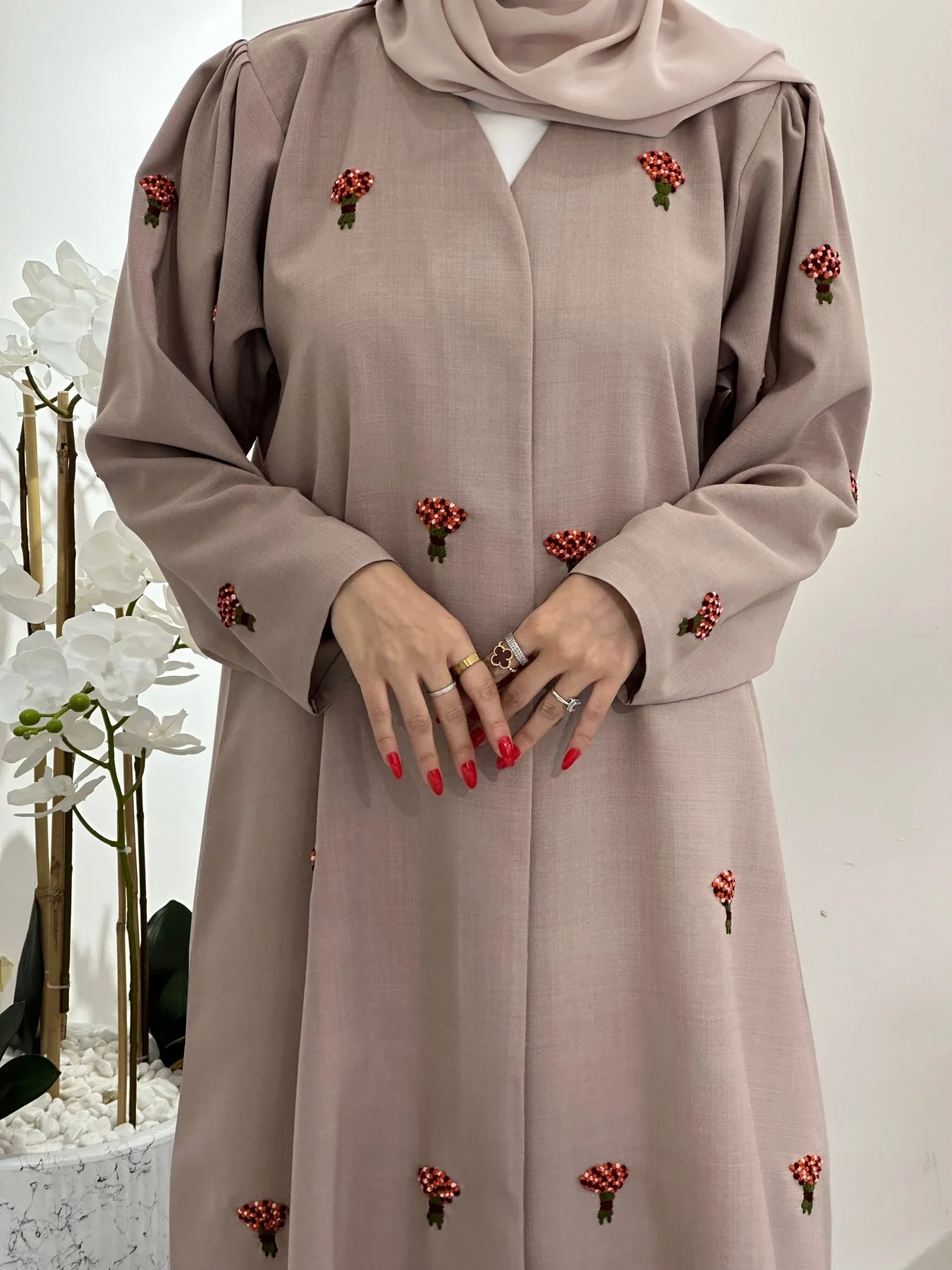 C 0360 Beige Embroidered Abaya - Image 2