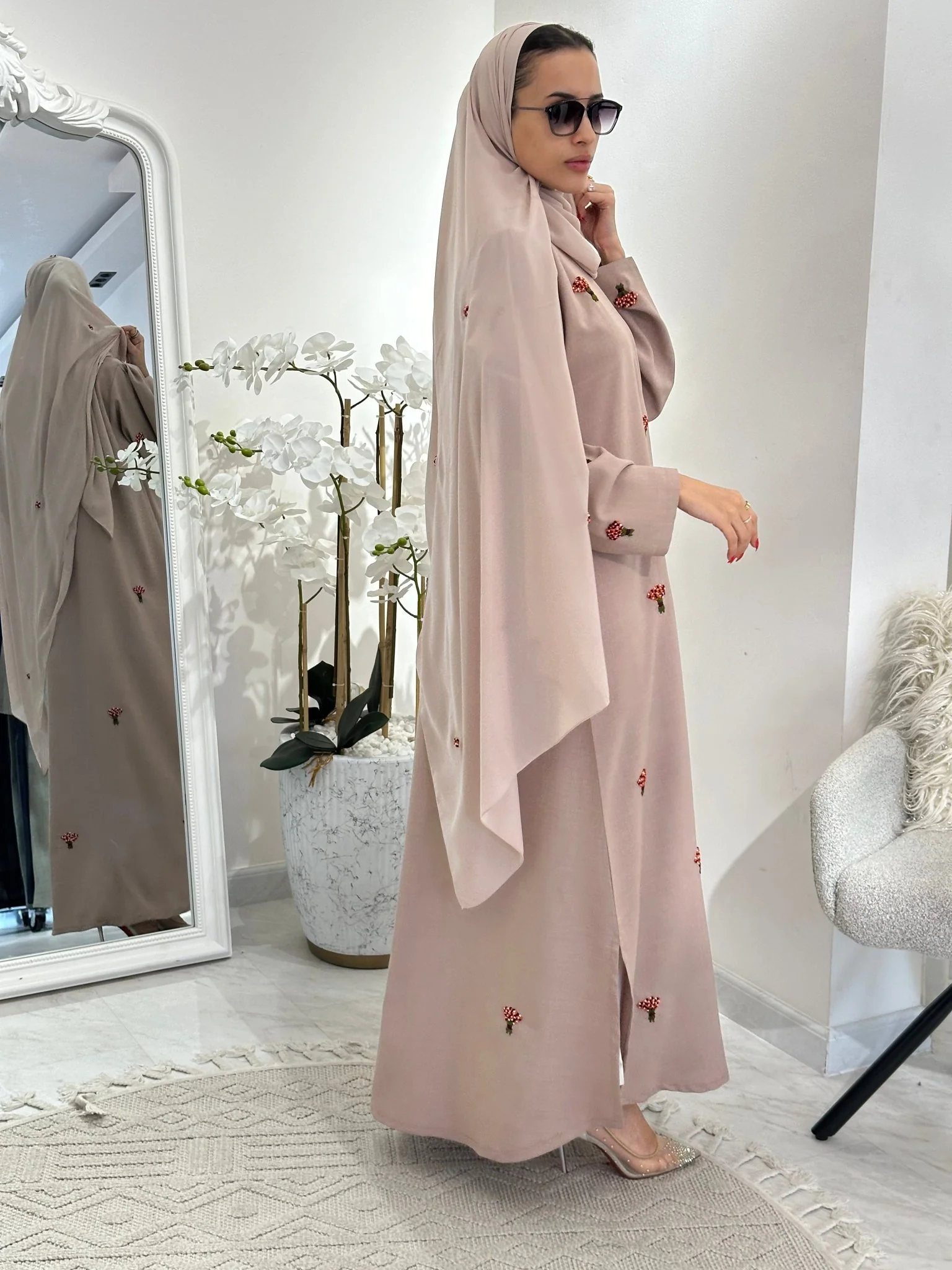C 0360 Beige Embroidered Abaya - Image 5