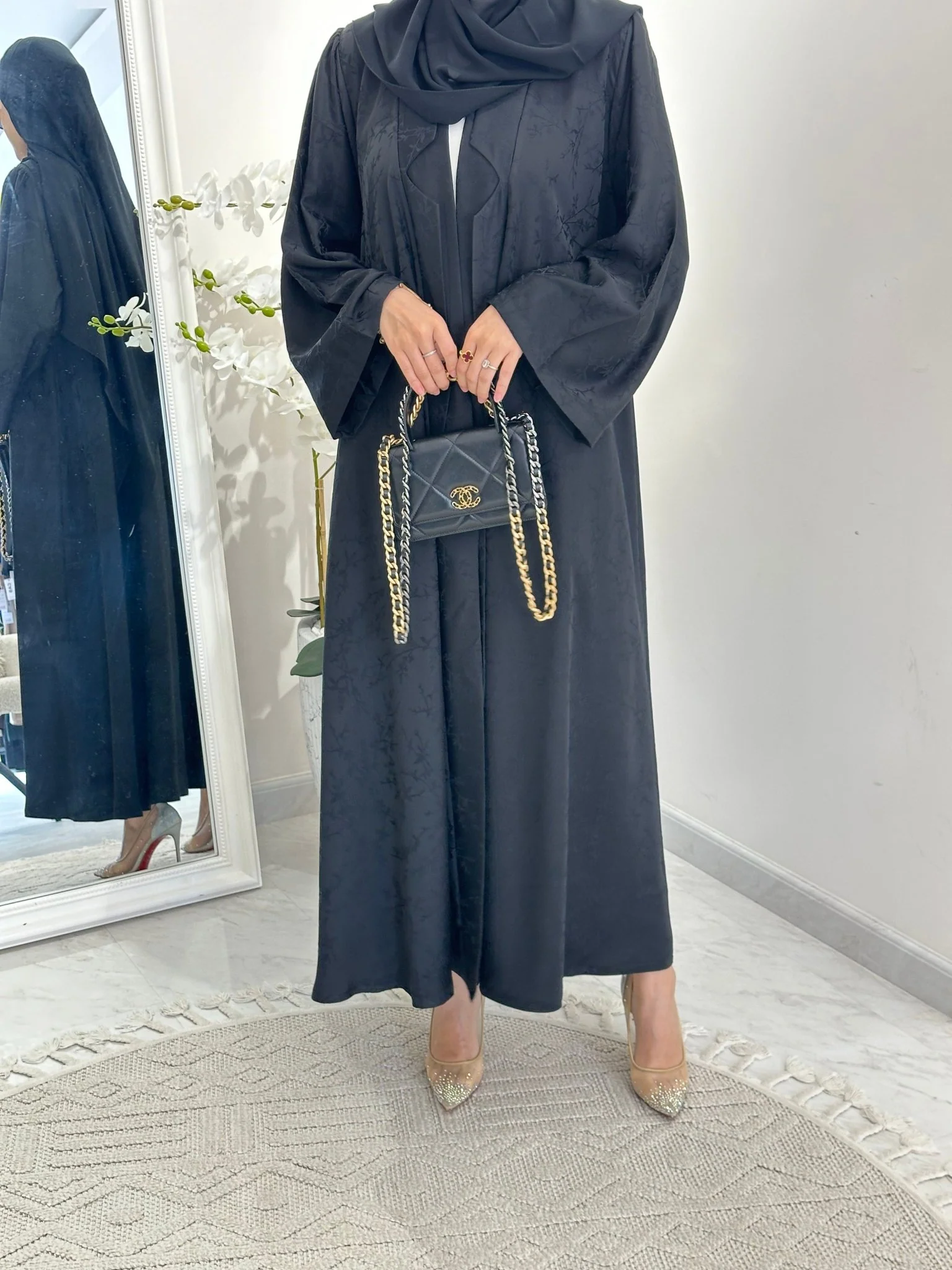 C 0371-01 Black Floral Printed Abaya - Image 3
